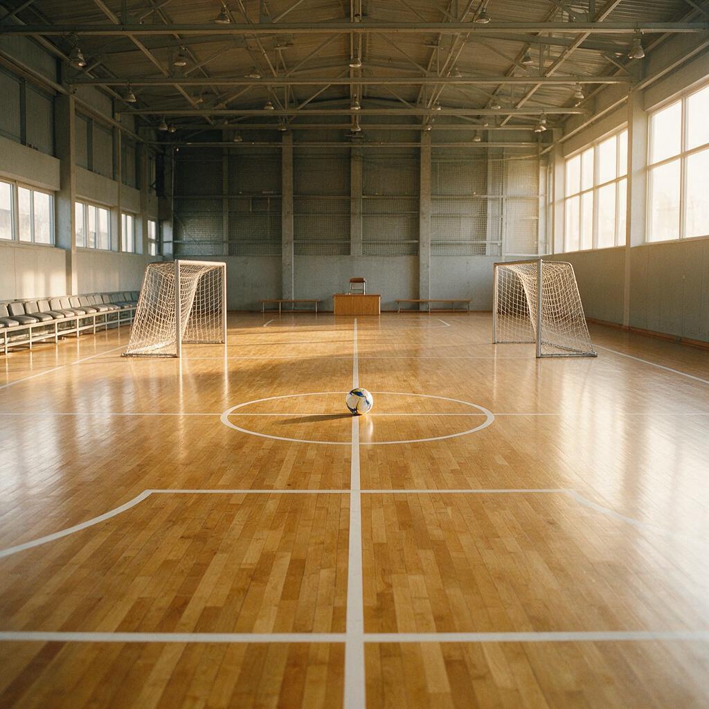 Terrain de futsal en salle au lever du jour, prêt pour la reprise et l'équipement du club en maillots personnalisés
