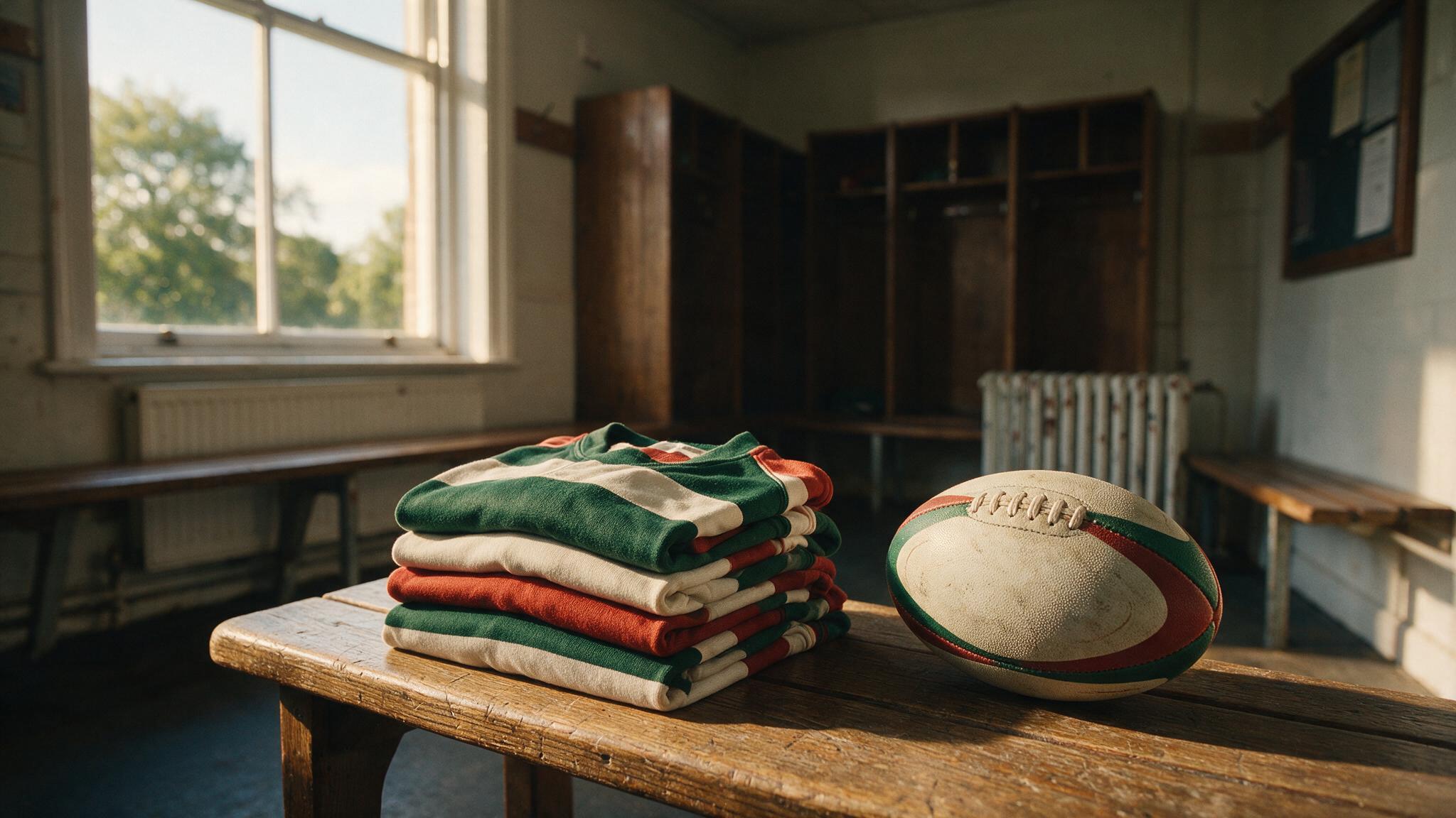 Maillots de rugby personnalisés pliés sur un banc de vestiaire de club avant la reprise 2026-2027