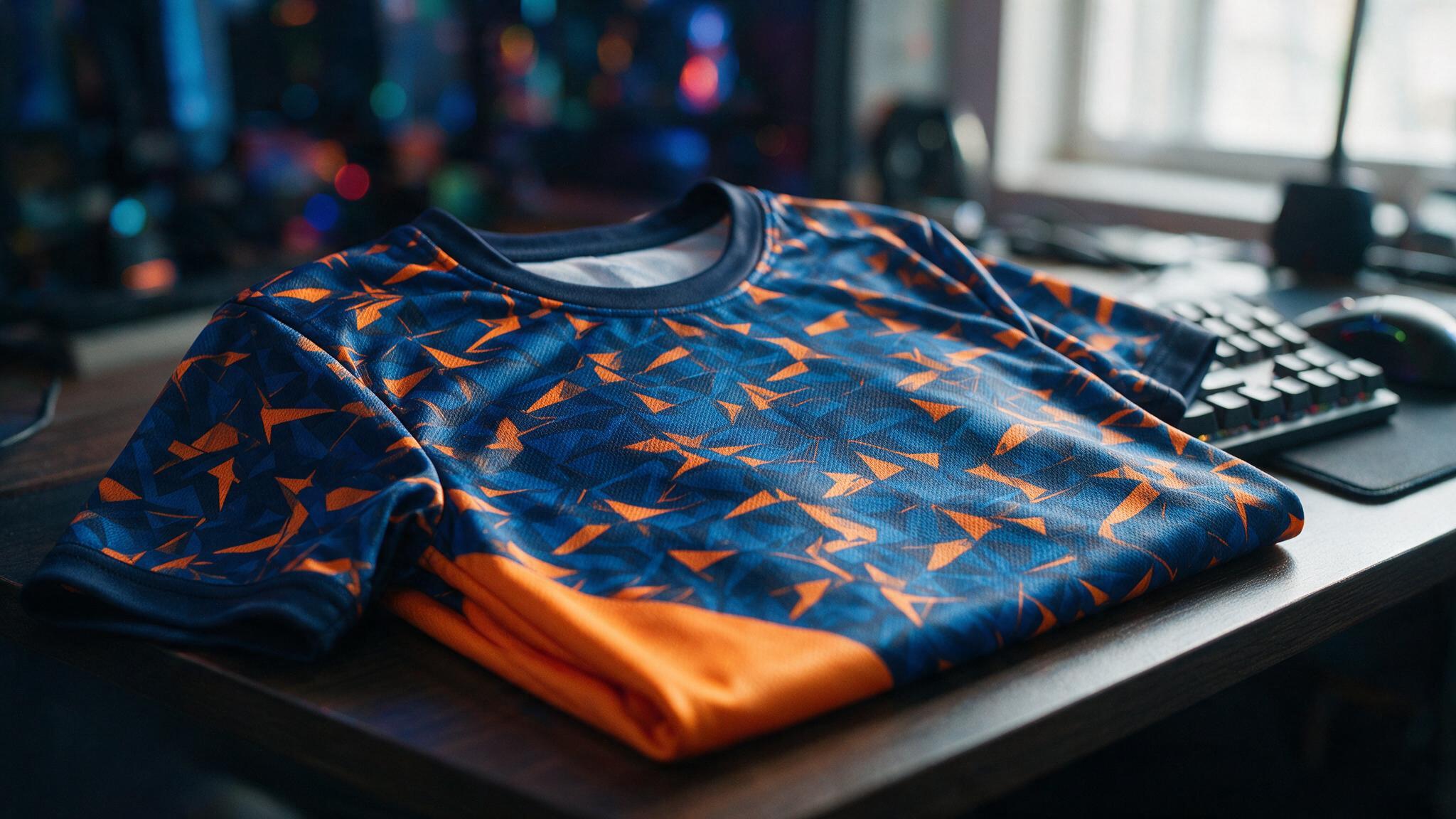 Maillot esport personnalisé plié sur un bureau gaming avant un tournoi LAN