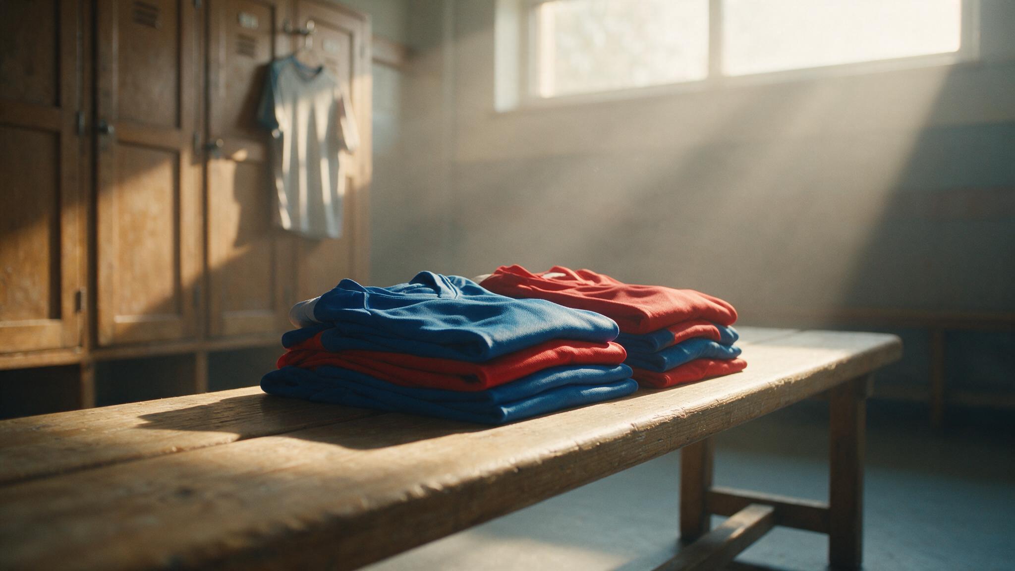 Maillots de club pliés dans un vestiaire au lever du jour avant la reprise de la saison sportive