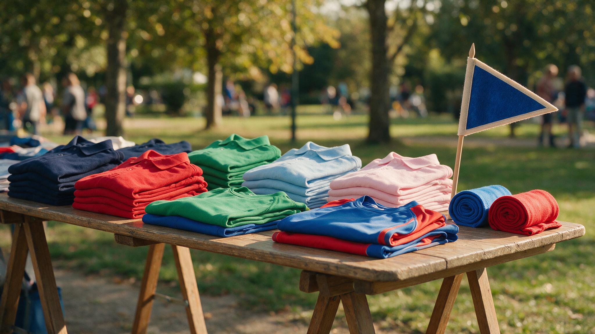 Polos et tenues de club personnalisées pliés sur un stand lors d'un forum des associations à la rentrée