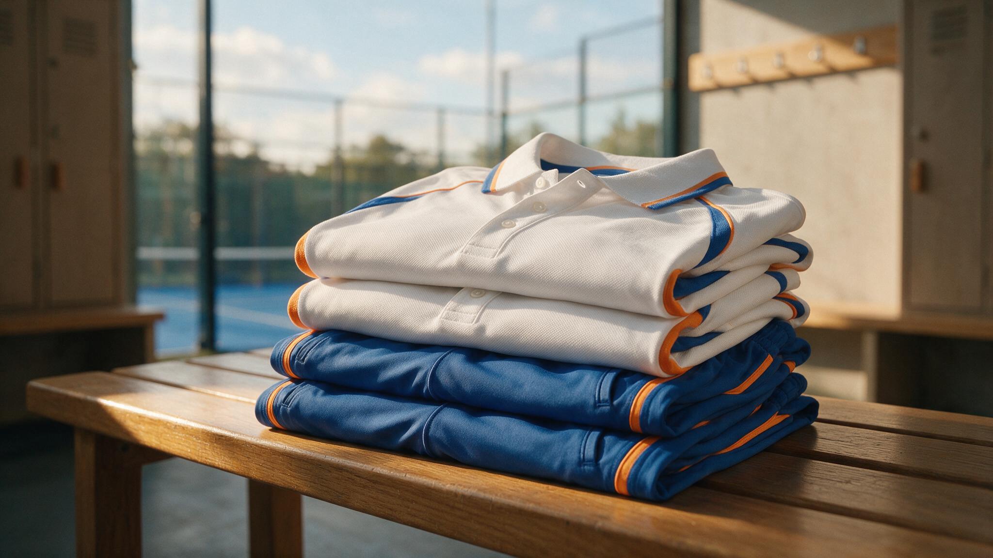 Tenues de padel personnalisées d'un club pliées sur un banc de vestiaire avant la reprise