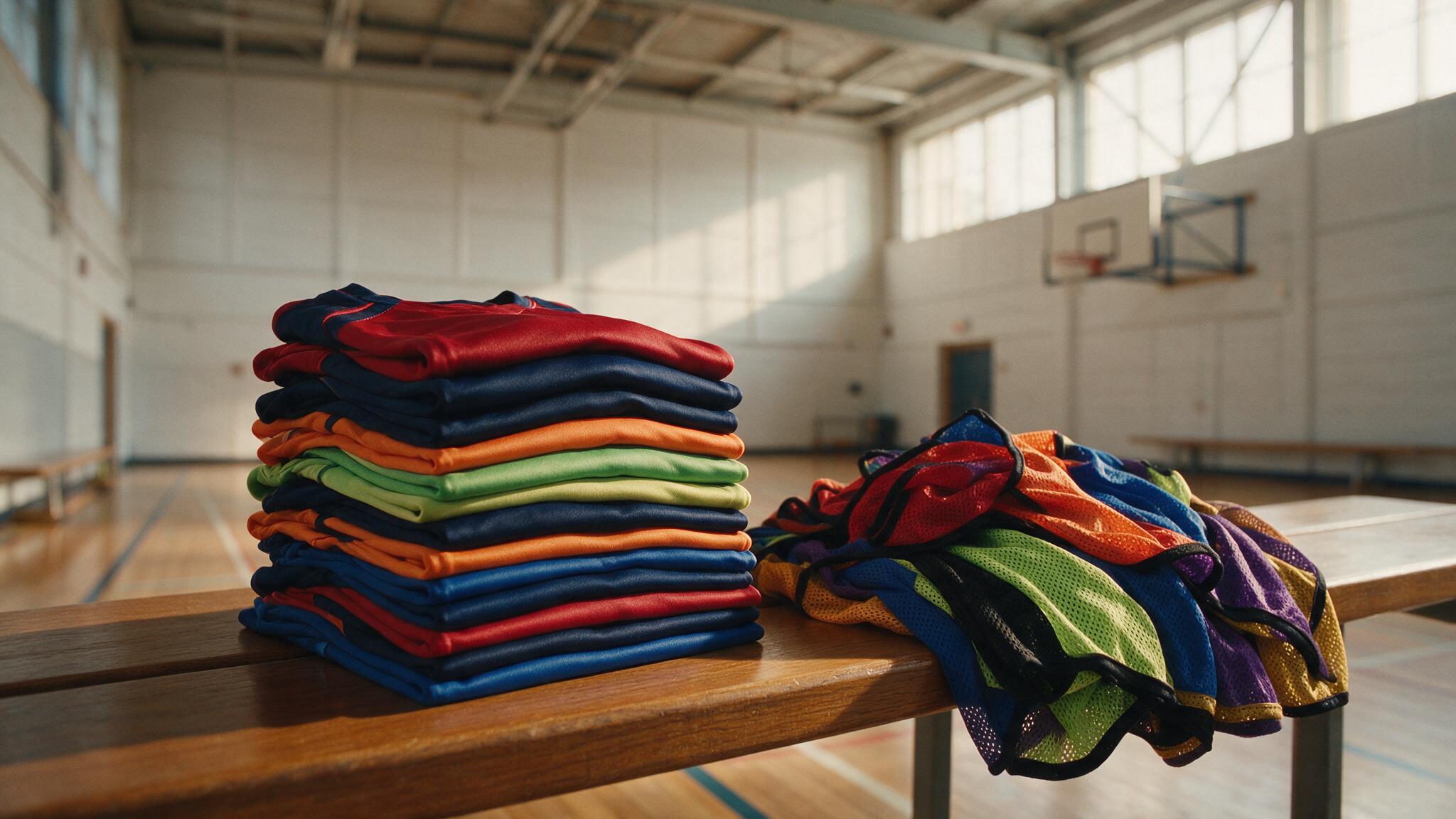 Maillots et chasubles pliés sur un banc dans un gymnase scolaire avant la rentrée sportive