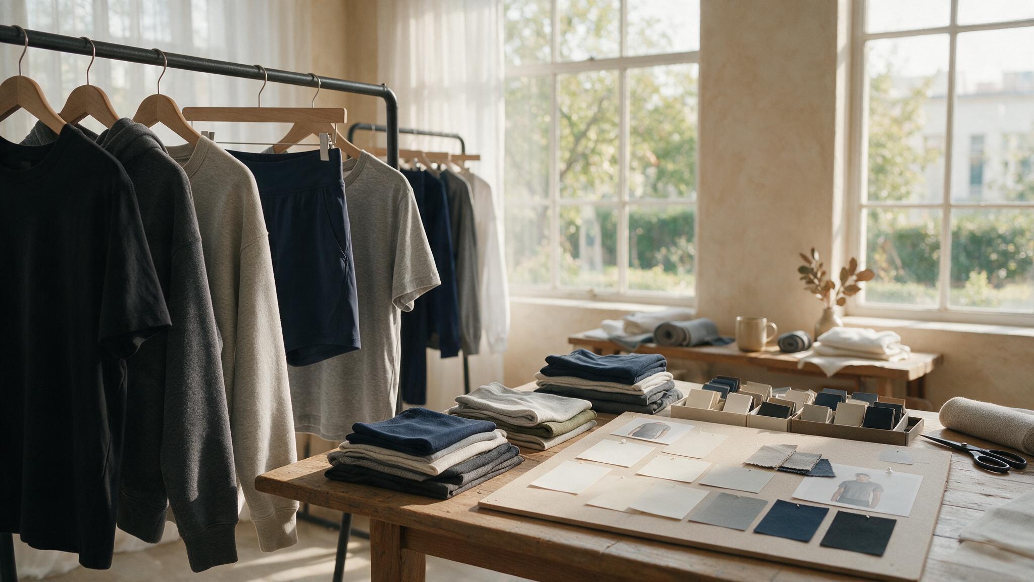 Studio de design sportswear avec échantillons vierges et nuancier pour créer sa marque en marque blanche