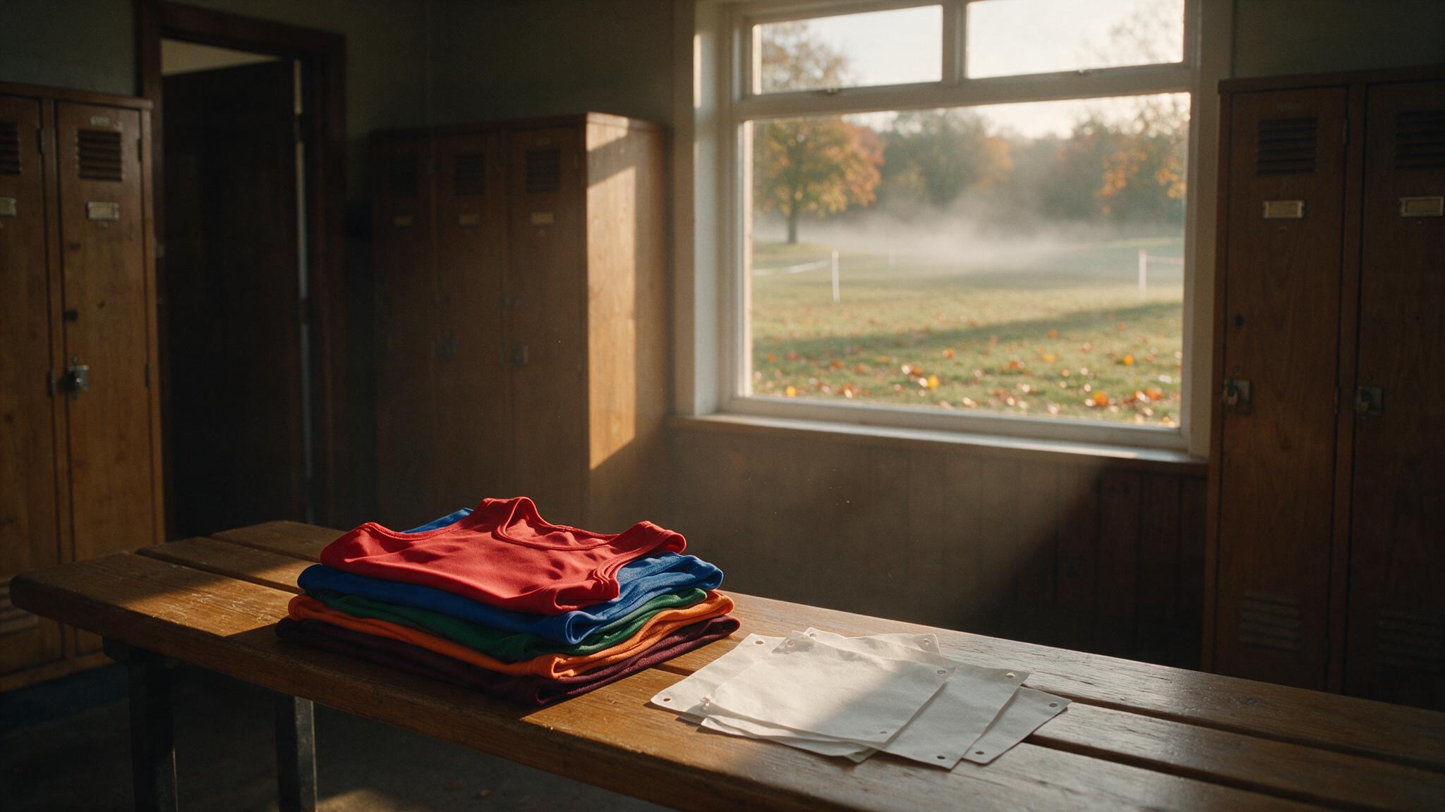 Maillots d'athlétisme sans manches pliés et dossards de course dans un vestiaire avant la saison de cross-country