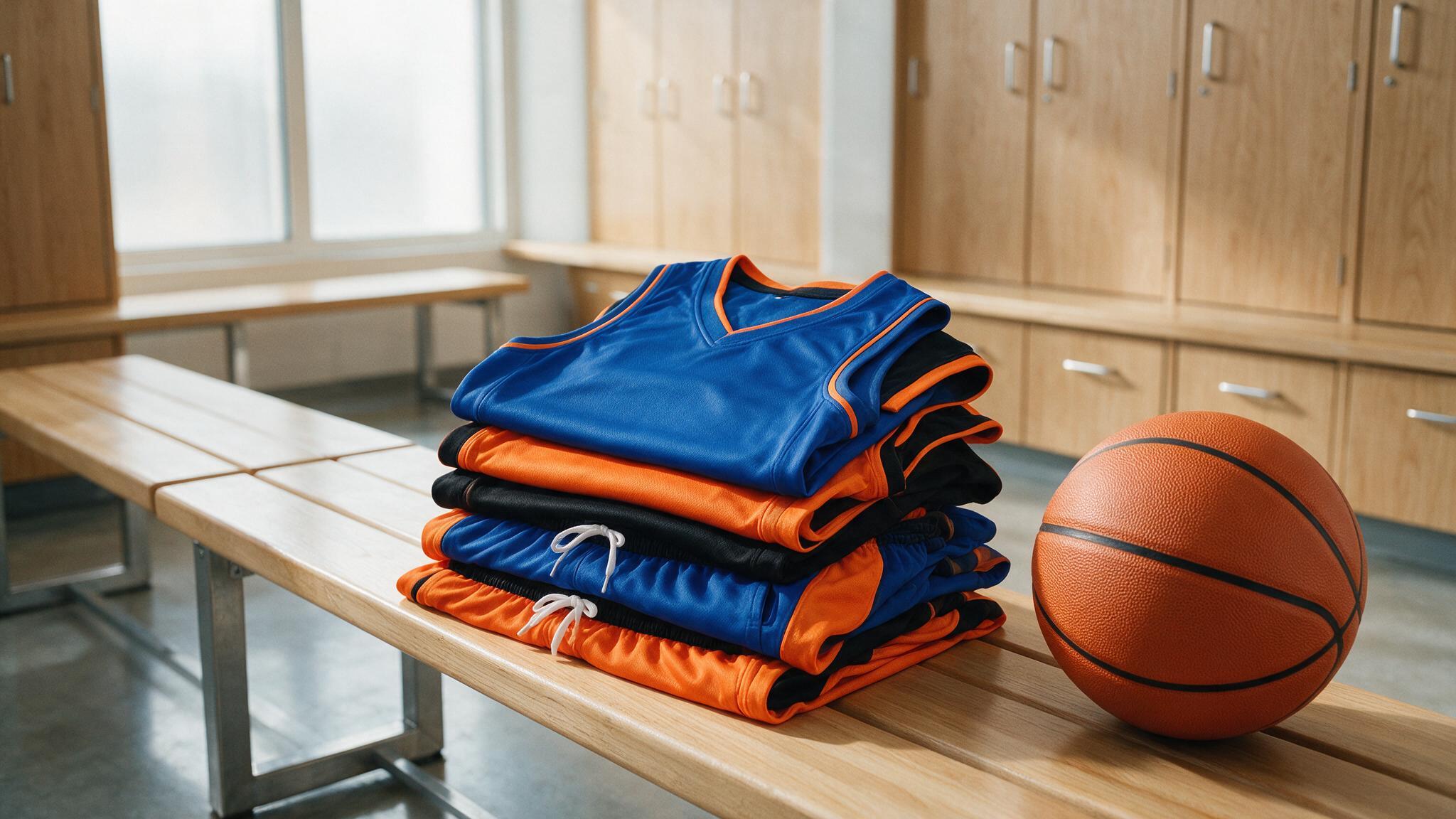 Maillots et shorts de basket sublimés pliés dans un vestiaire avant la reprise de la saison 2026-2027