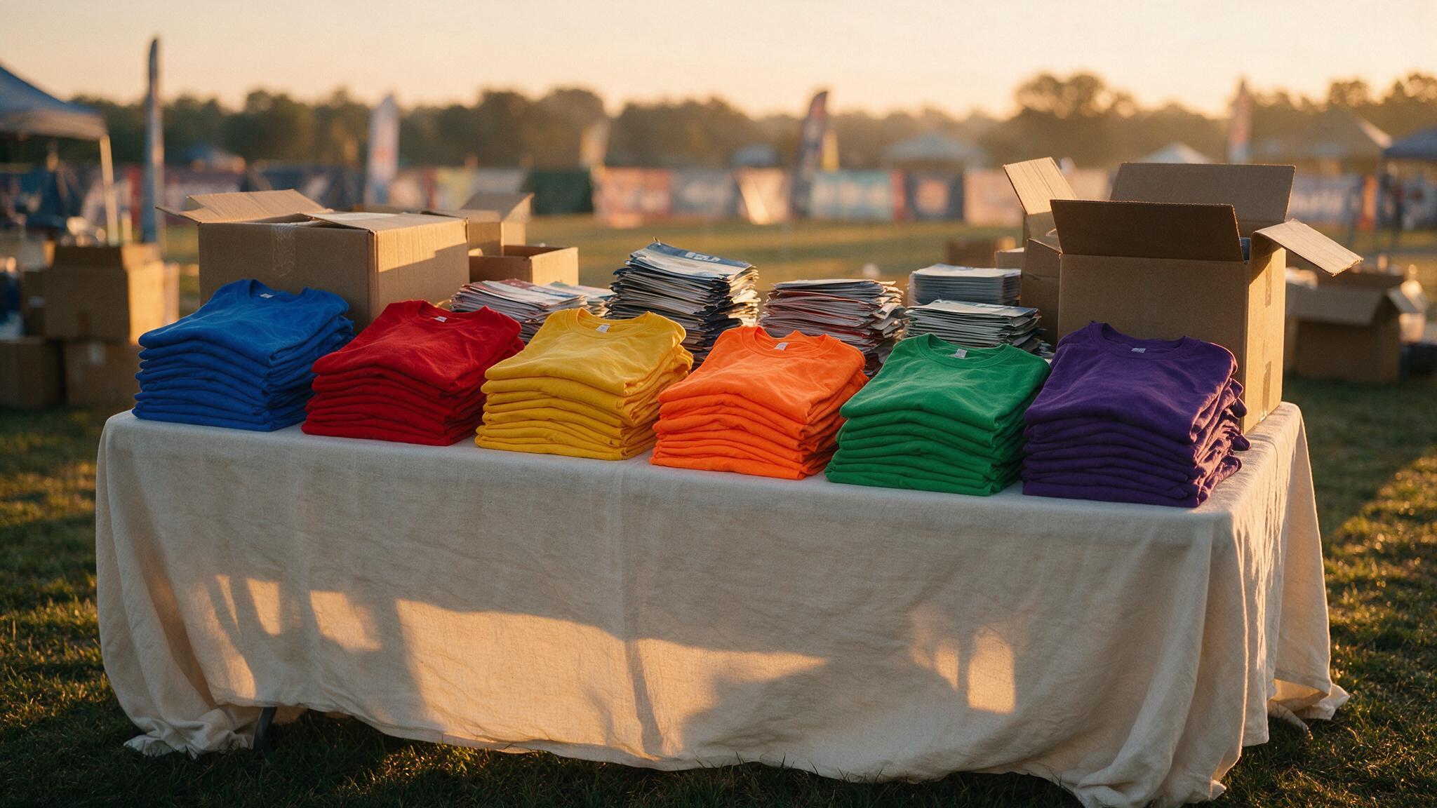 T-shirts d'événement pliés et prêts à distribuer pour une dotation événementielle sportive en grande série