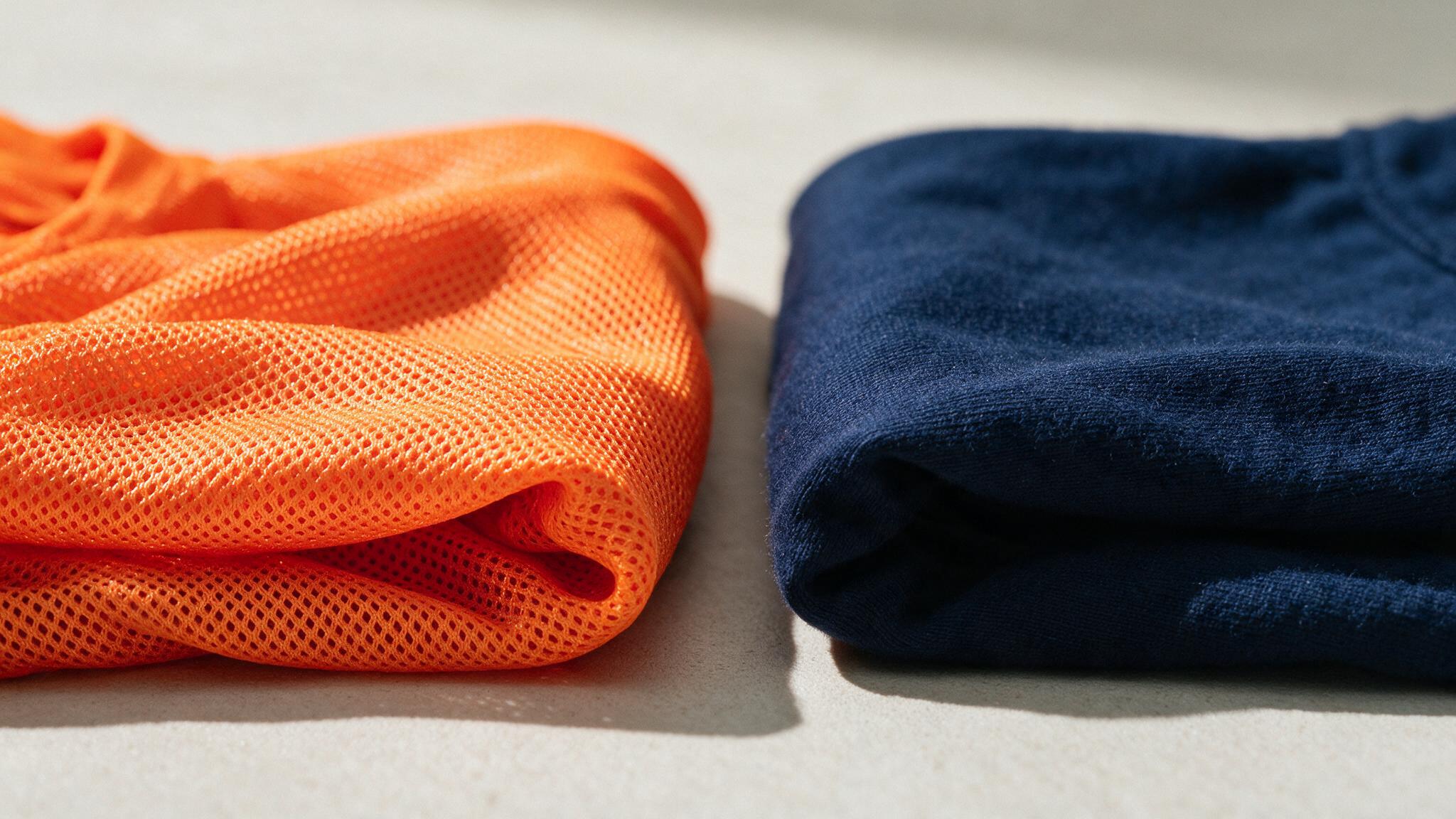 Deux tissus côte à côte, une maille technique de sport colorée et un coton mat, comparaison pour une opération de marque