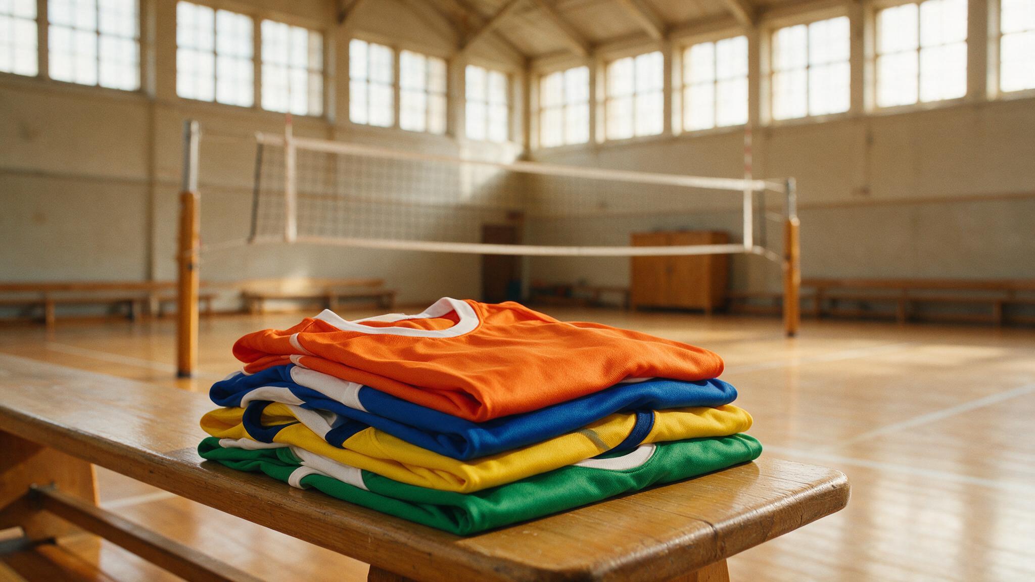 Maillots de volleyball personnalisés pliés sur un banc dans un gymnase avant la reprise de septembre