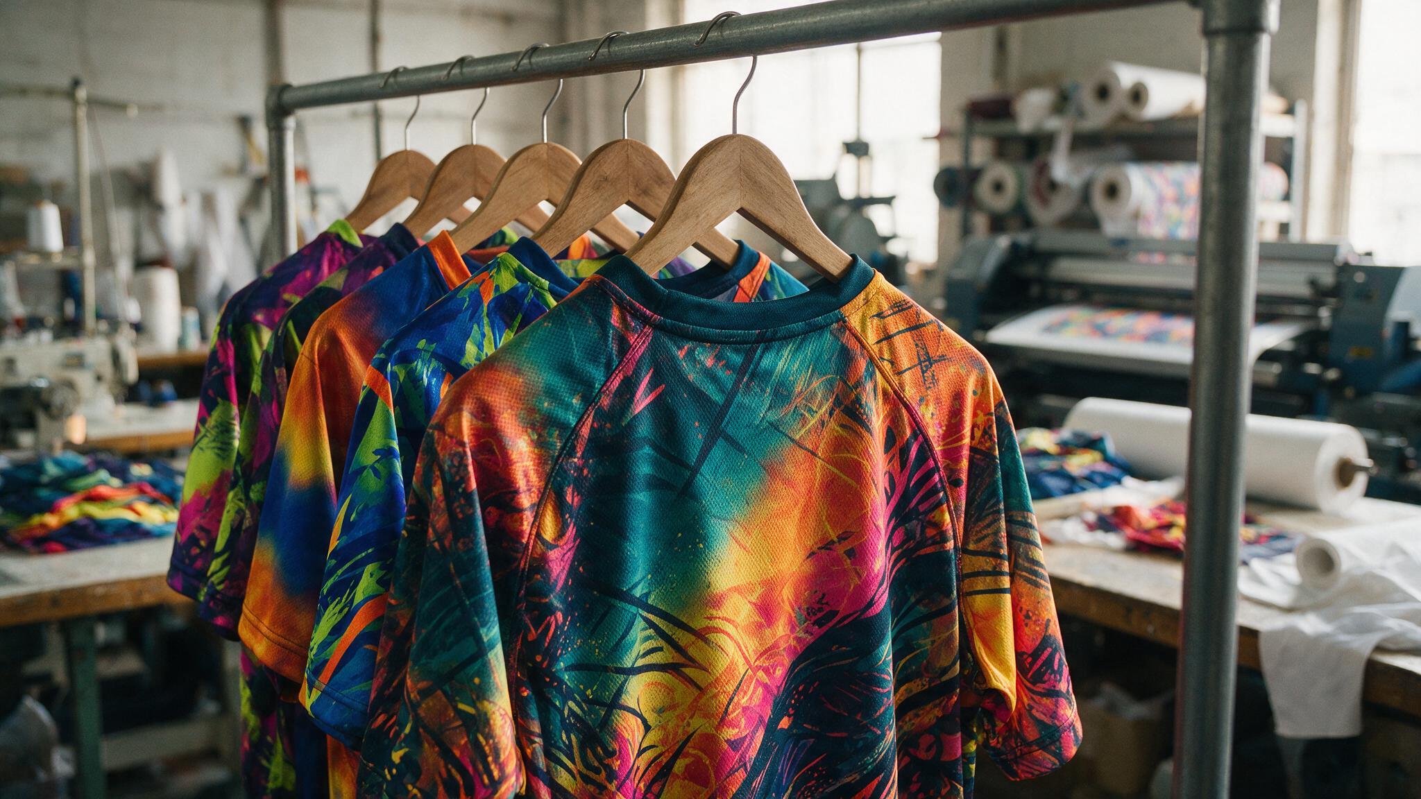 Maillots de sport aux motifs sublimés sur un portant, illustrant le choix entre sublimation et flocage