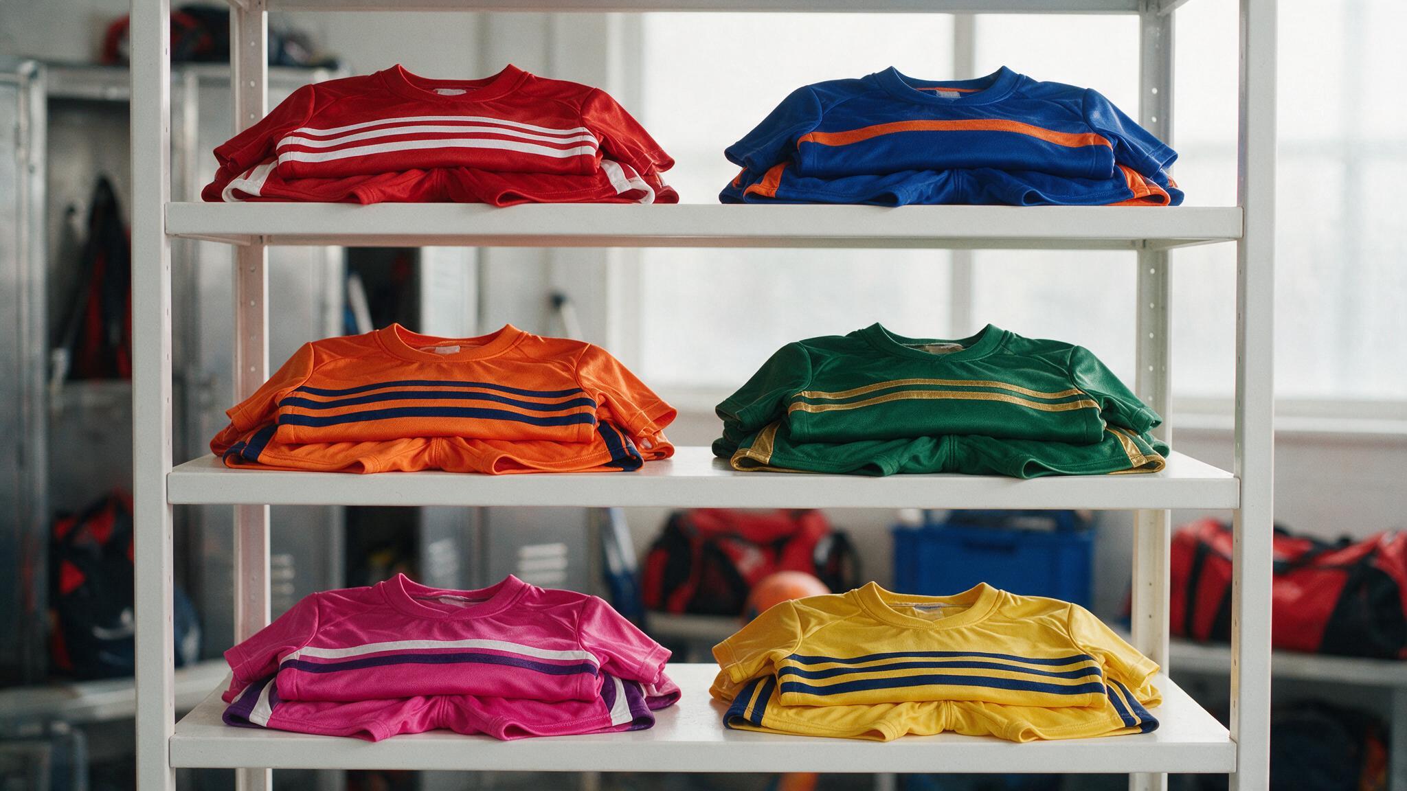 Plusieurs jeux de maillots de sport assortis de différentes couleurs rangés sur une étagère