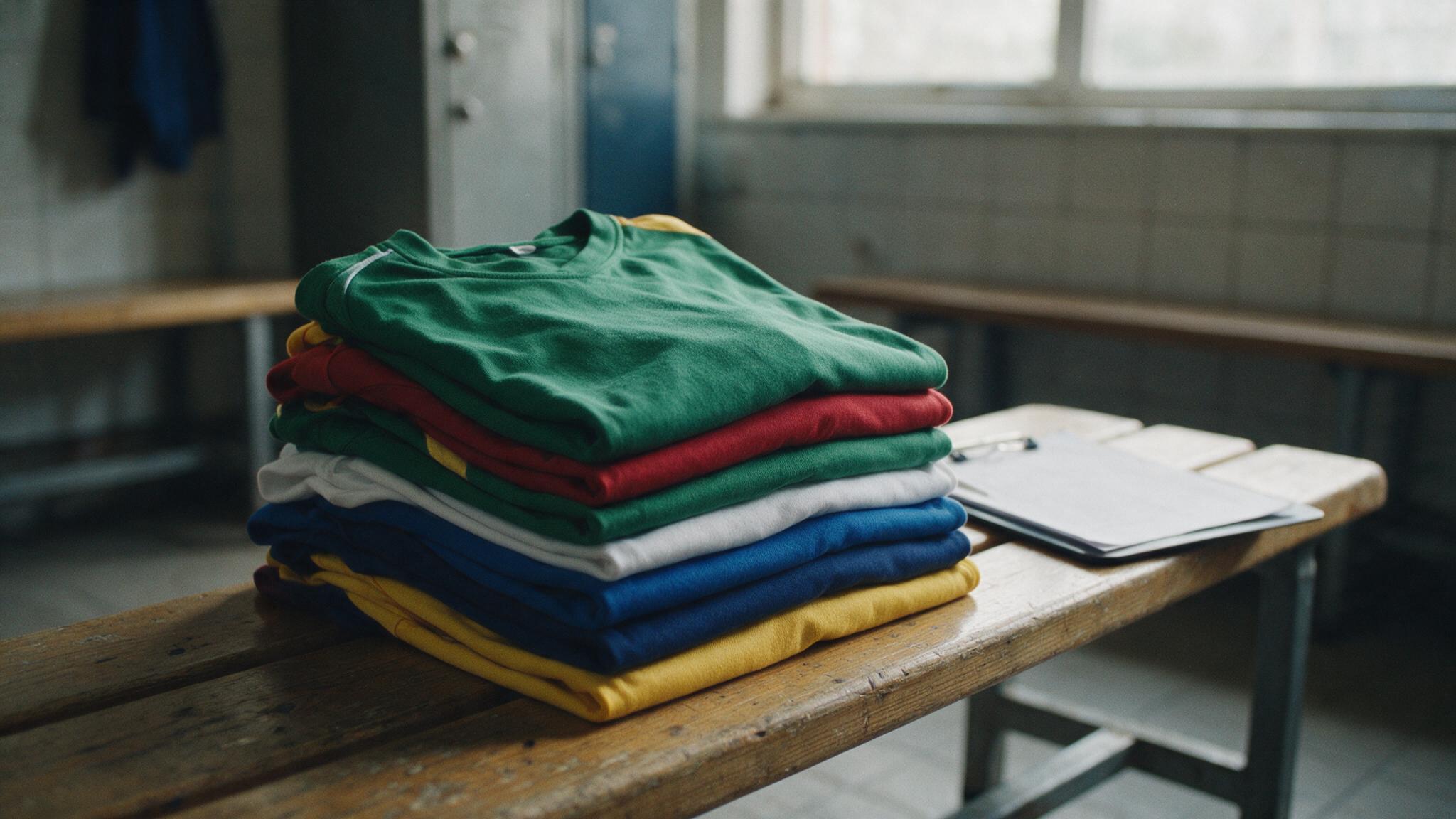 Maillots de club de sport pliés sur un banc de vestiaire, prêts à recevoir les logos des sponsors