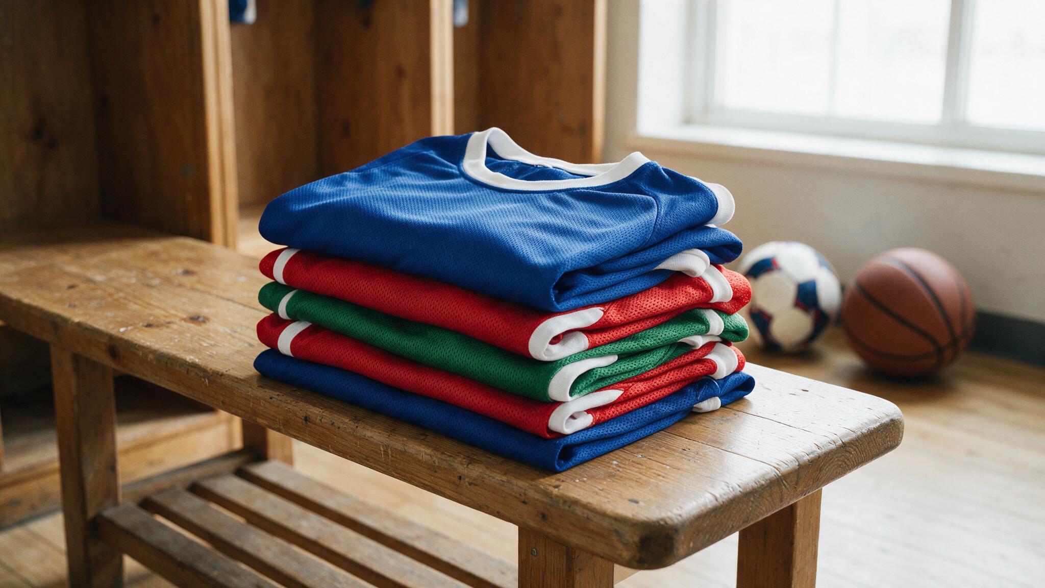 Maillots de sport d'équipe pliés et empilés pour une commande en grande quantité à Bordeaux