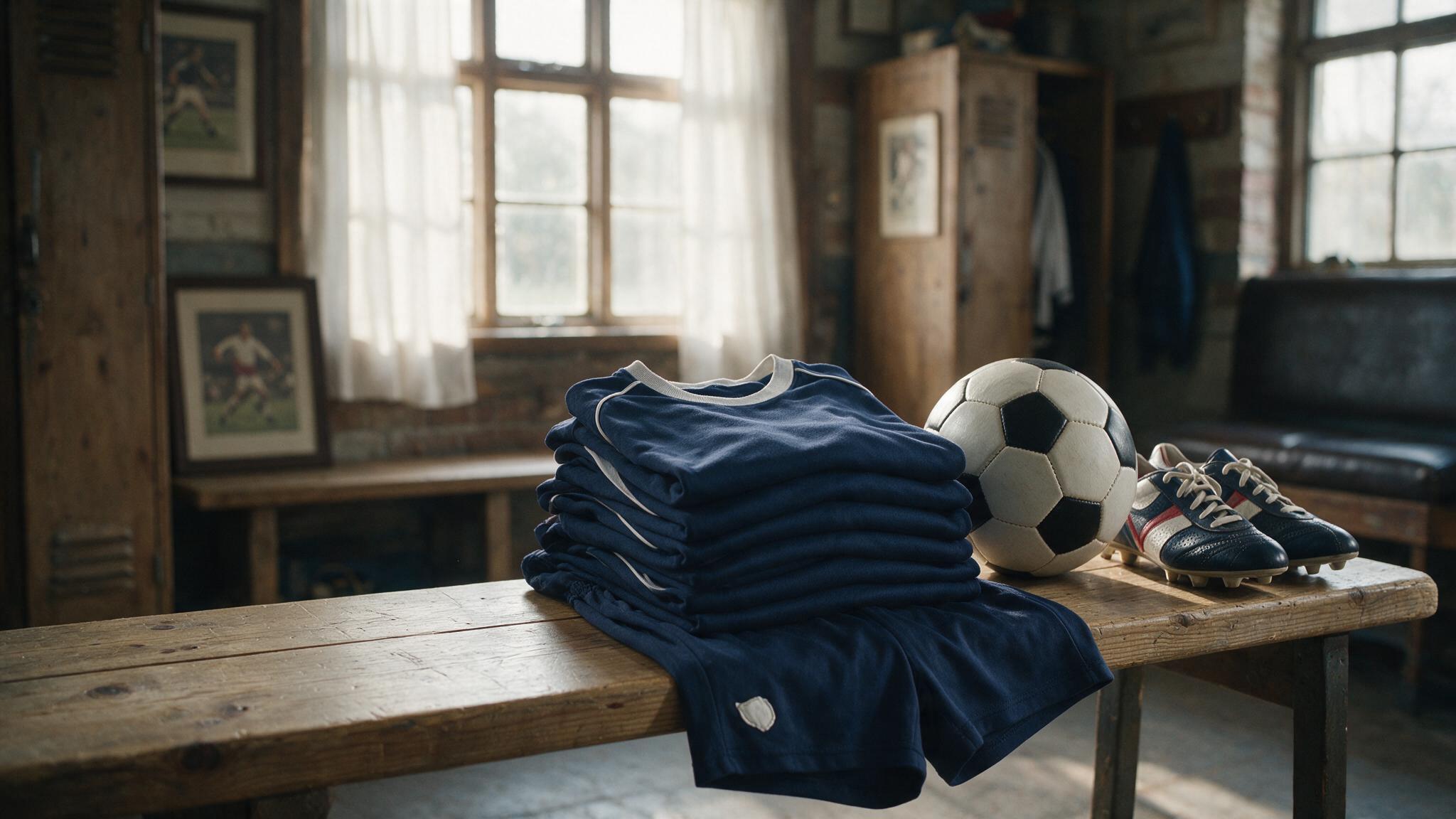 Maillots de football personnalisés pliés dans le vestiaire d'un club amateur avant la reprise de la saison 2026-2027