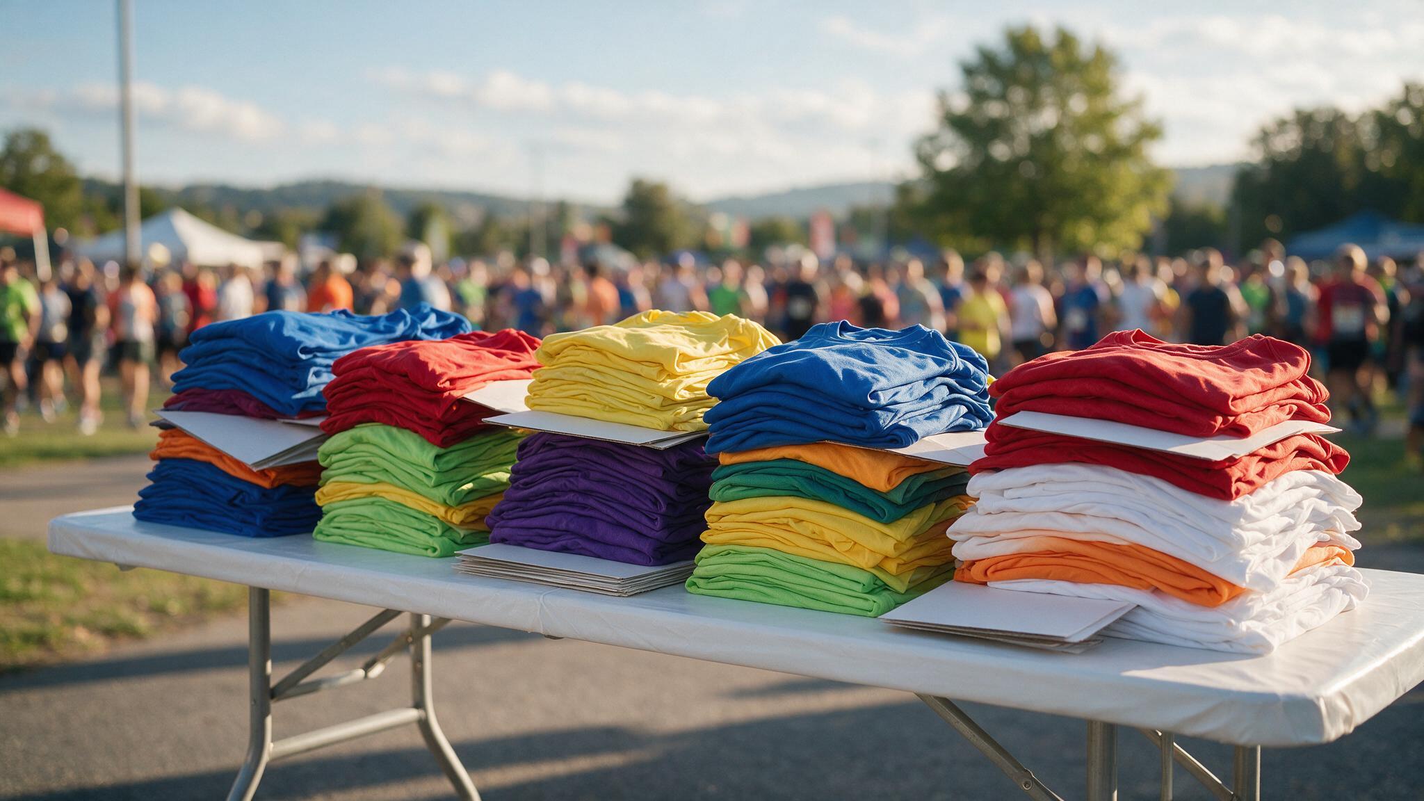 Piles de t-shirts de sport colorés sur une table de distribution lors d'un événement de course en plein air