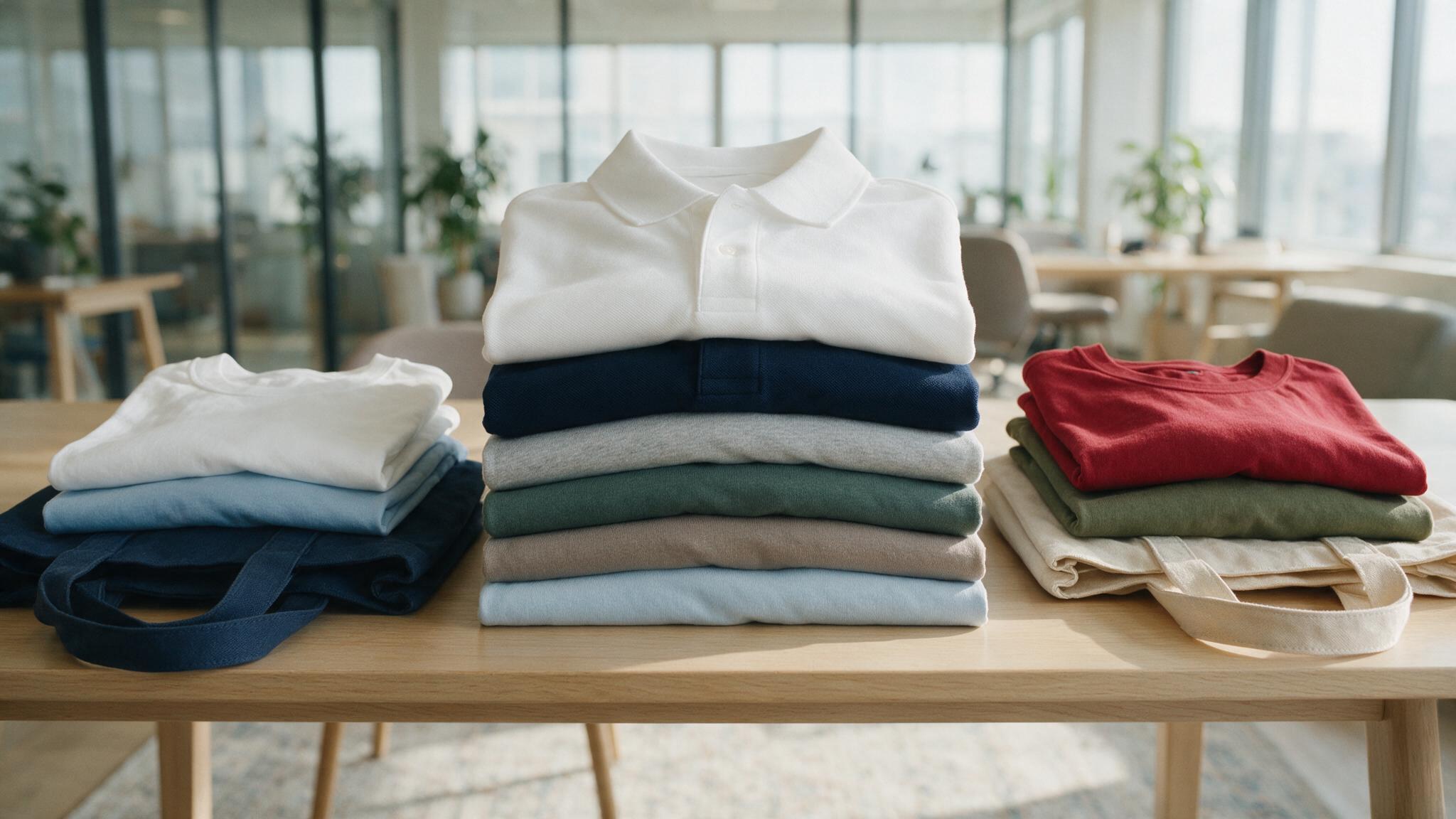 Polos d'entreprise personnalisés pliés sur un bureau, dotation textile CSE à grande échelle