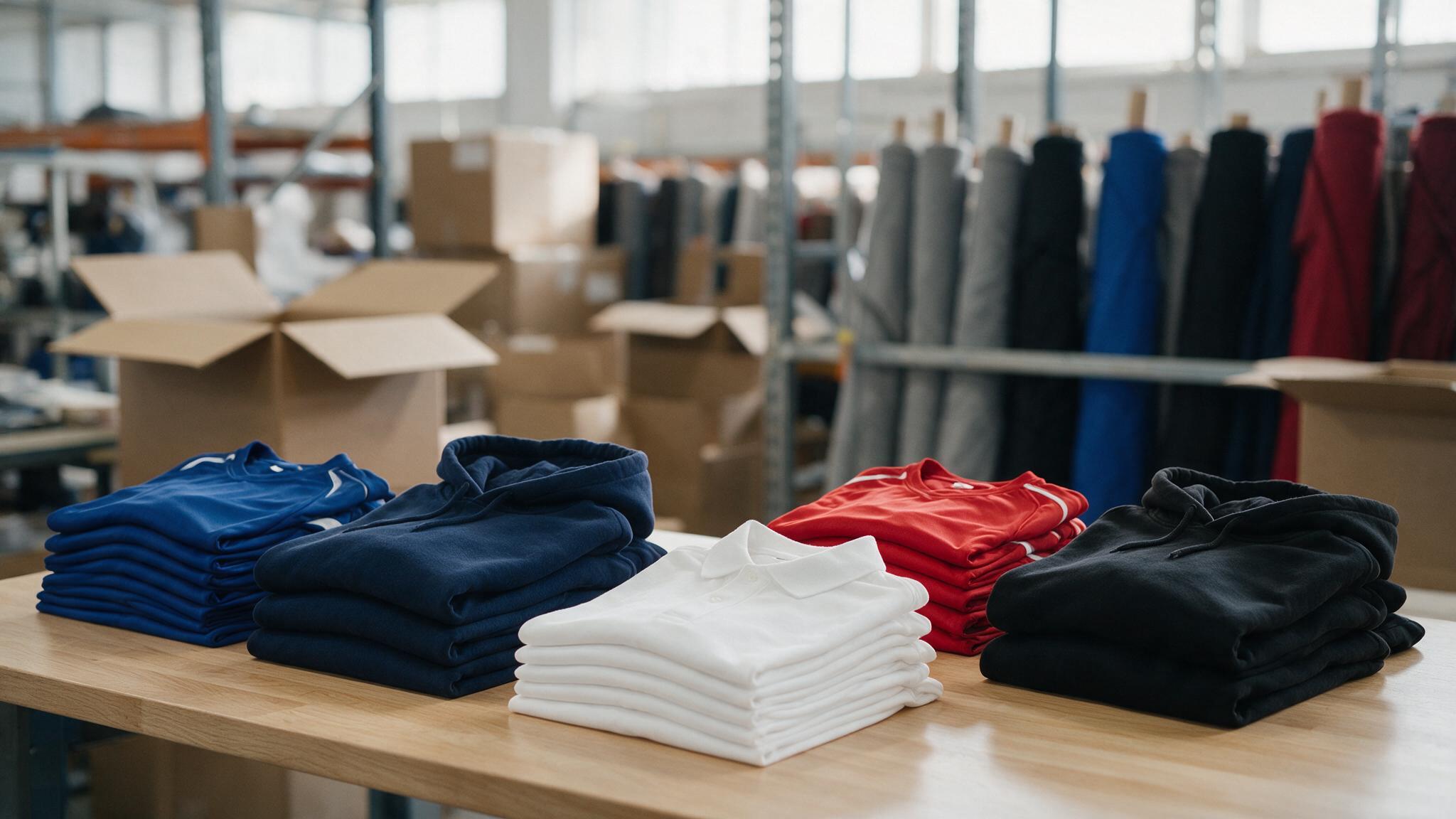 Piles de textile sportif personnalisé prêtes à expédier pour une commande en grande quantité à Reims
