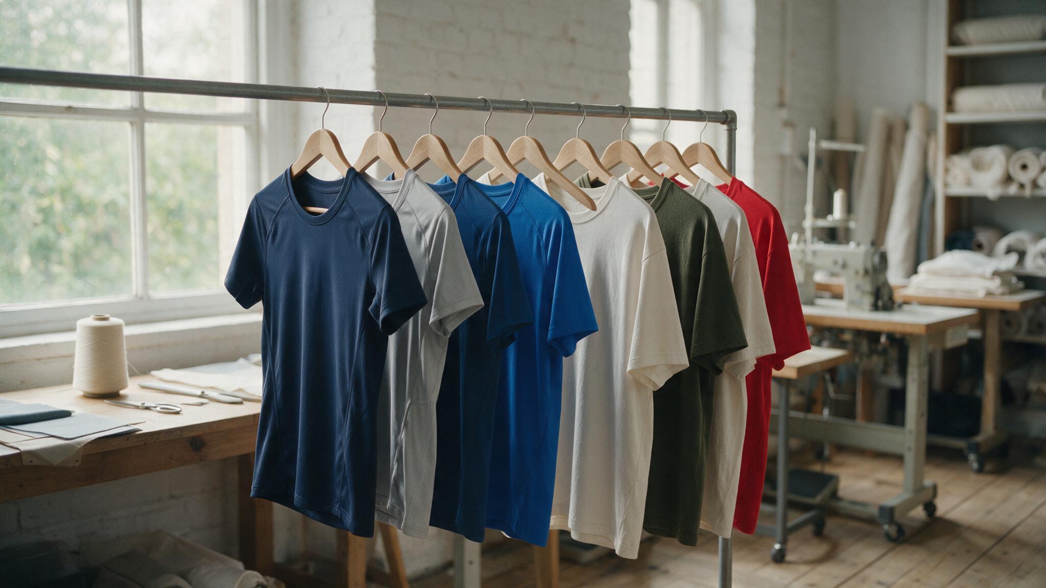 Maillots de sport de coupes ajustée et ample sur des cintres, illustrant le choix de la coupe