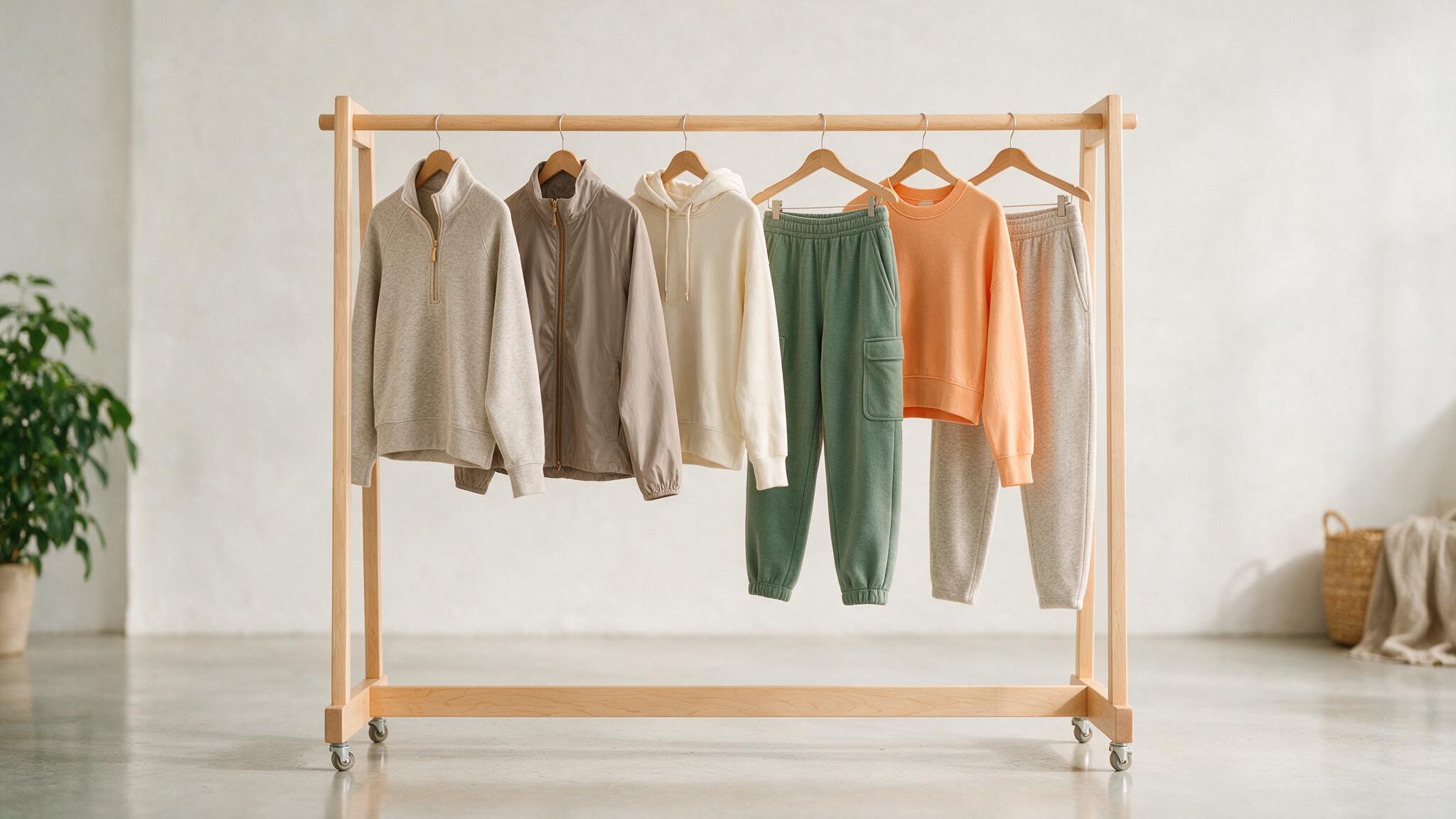 Portant présentant une petite collection capsule de vêtements de sport coordonnés sur cintres en bois
