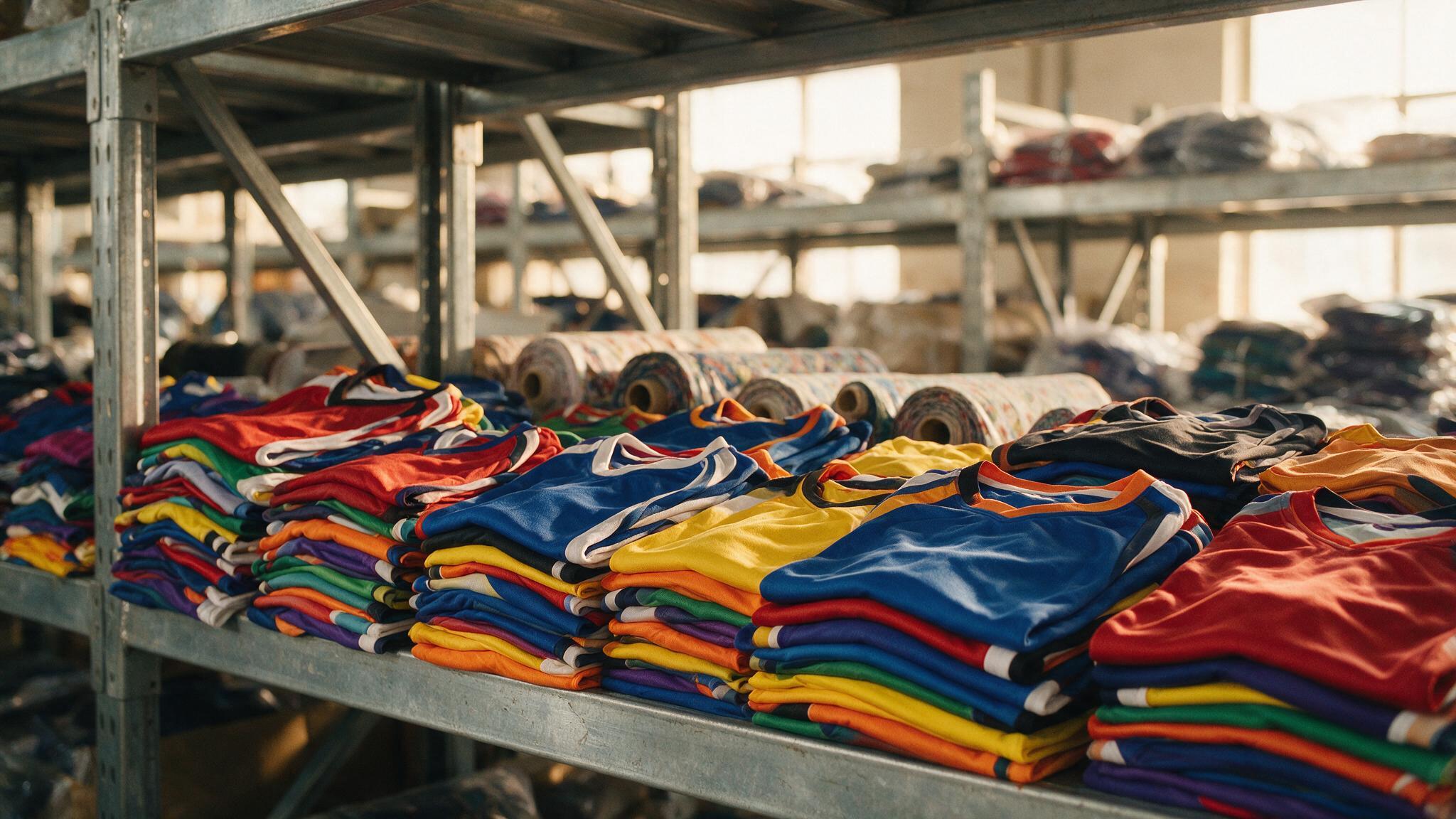 Maillots de sport personnalisés empilés en grande quantité pour une commande à Marseille