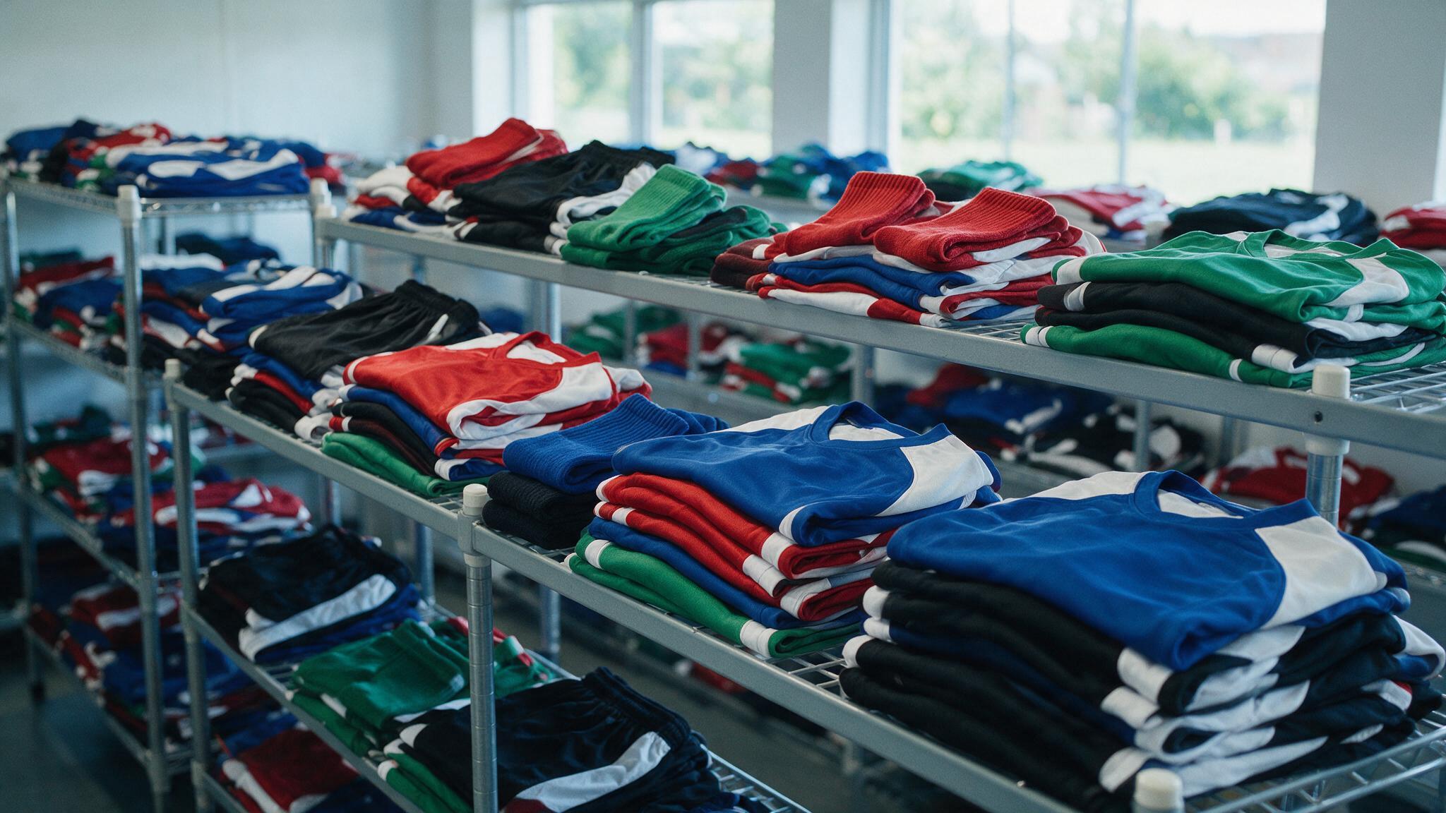 Tenues de sport d'équipe rangées sur des étagères pour une commande en grande quantité à Strasbourg