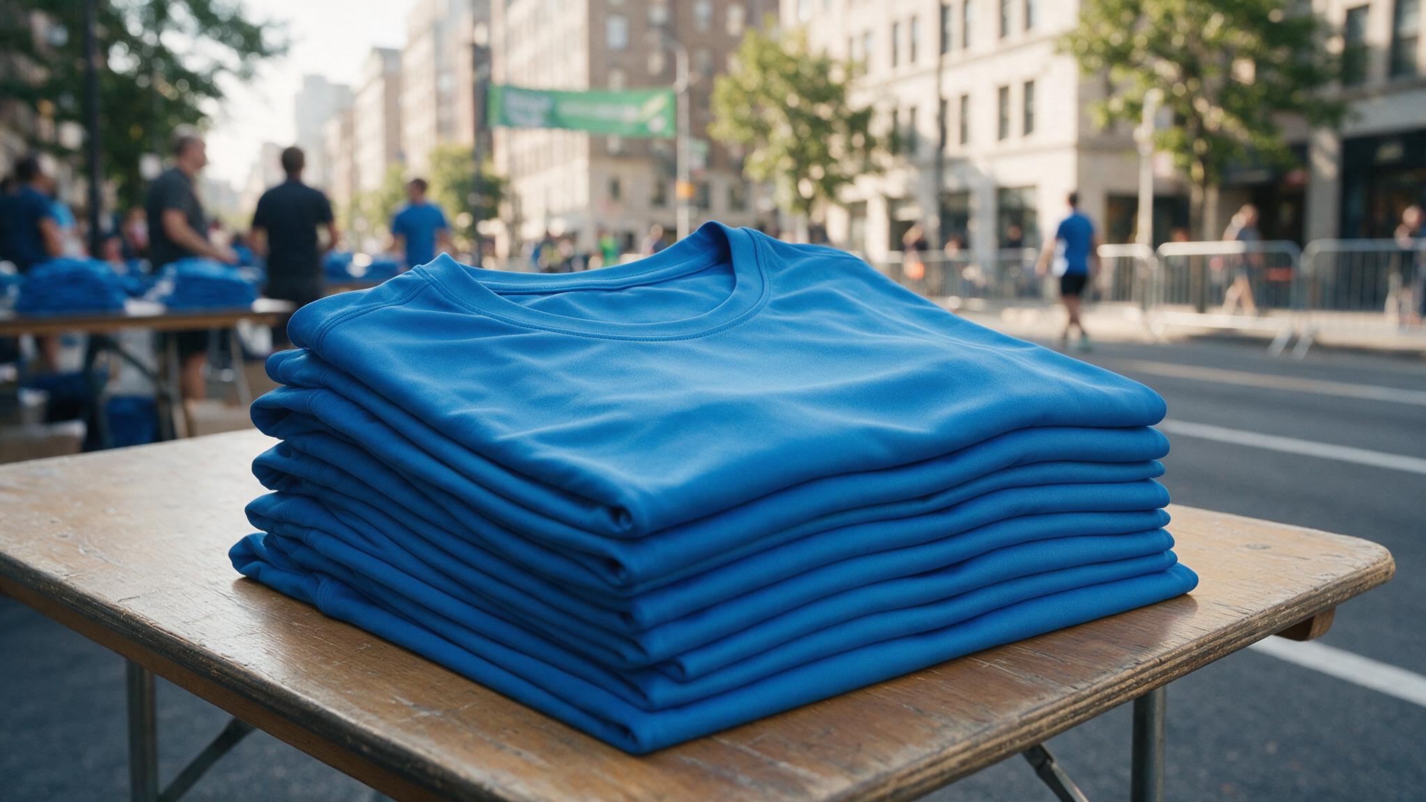Pile de t-shirts de running d'entreprise assortis d'une même couleur sur une table avant une course urbaine