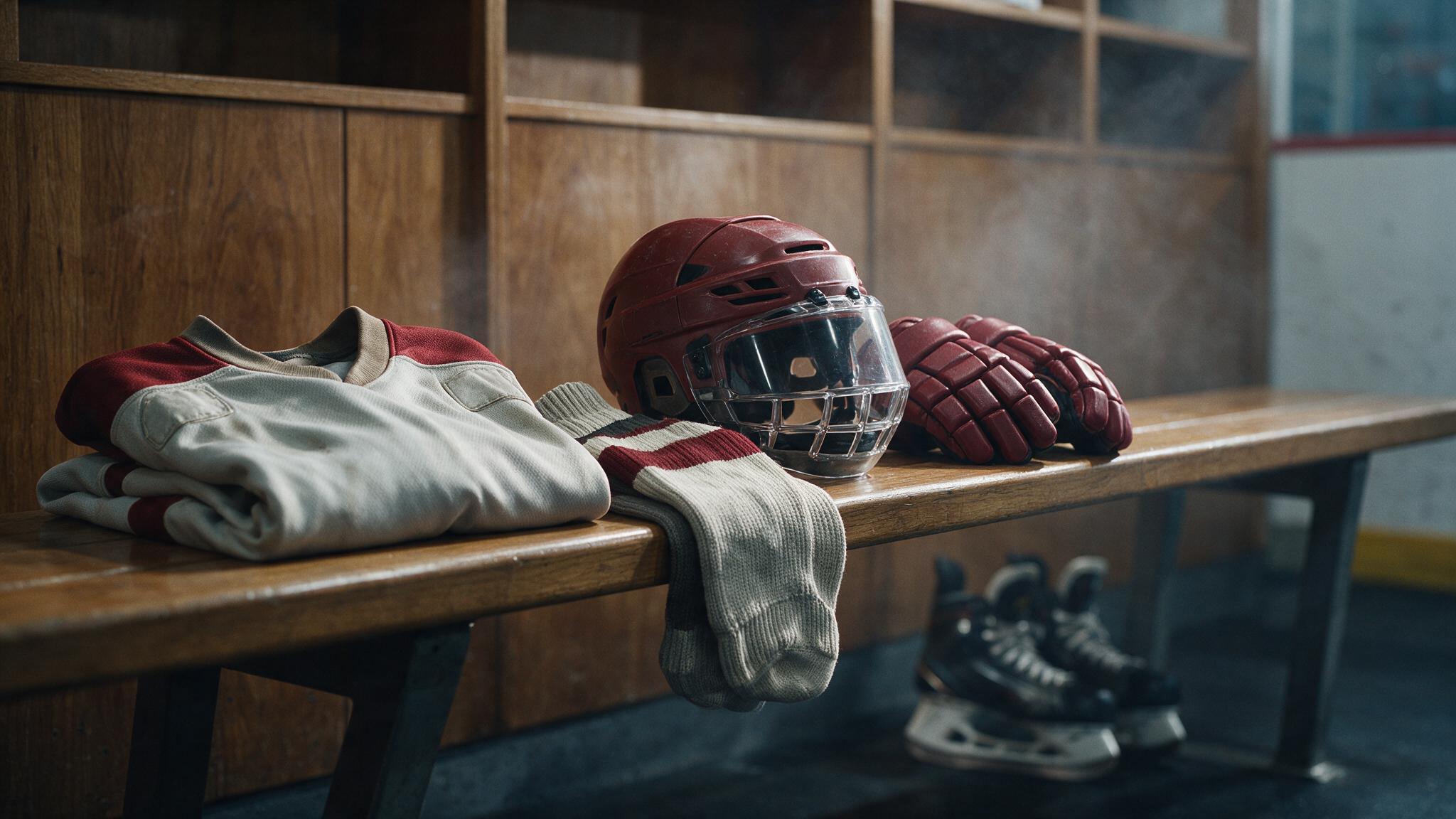 Maillots et chaussettes de hockey sur glace pliés dans un vestiaire avant la reprise de la saison