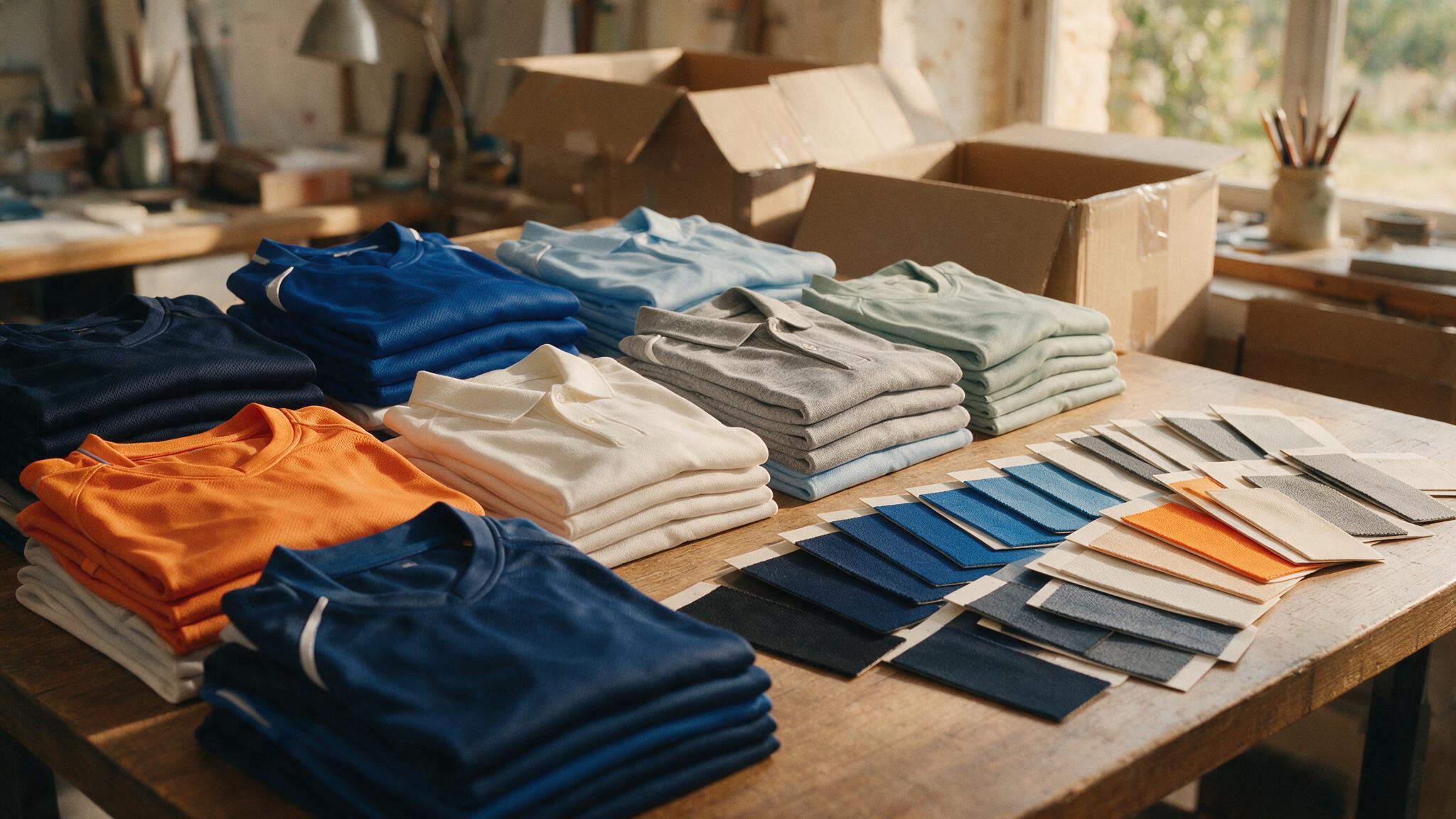 Piles de textile sportif personnalisé et nuancier de couleurs pour une commande en grande quantité à Nîmes