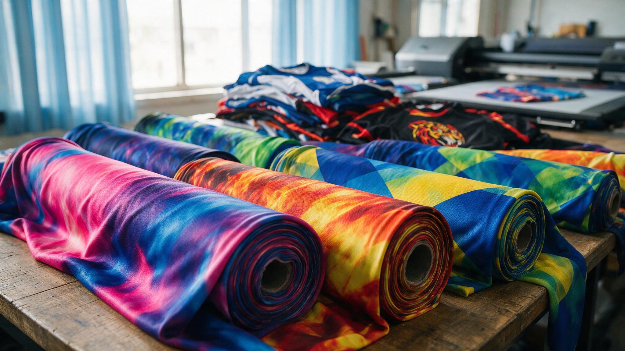 Rouleaux de tissu sportif sublimé et maillots pliés pour une commande en grande quantité à Lyon