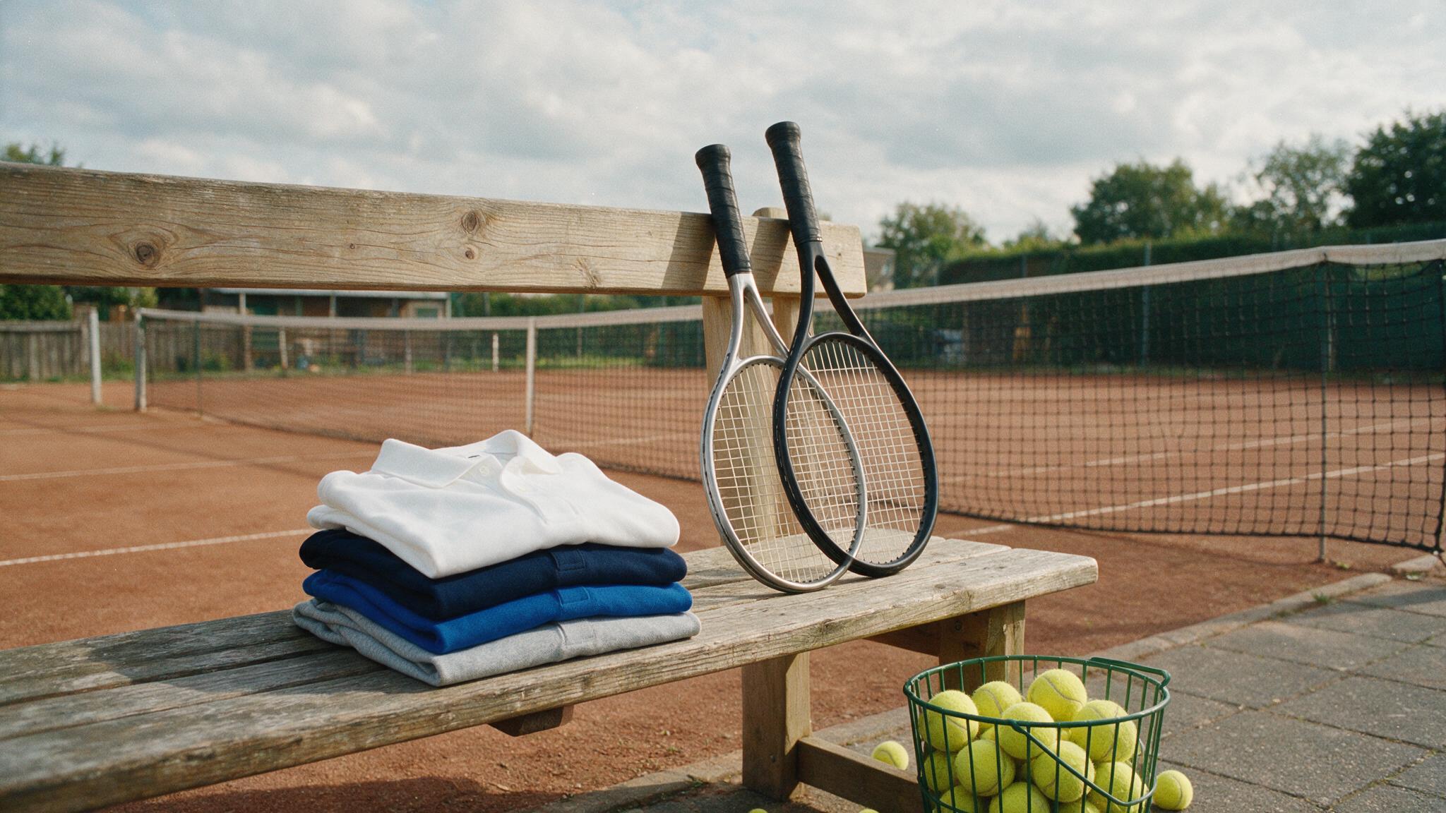 Polos de tennis de club pliés et raquettes posés sur un banc au bord d'un court avant la reprise de septembre