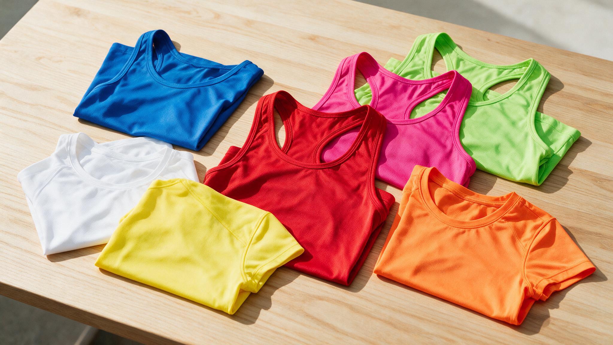 Débardeurs et tenues de sport pliés en grande quantité pour une commande à Nice