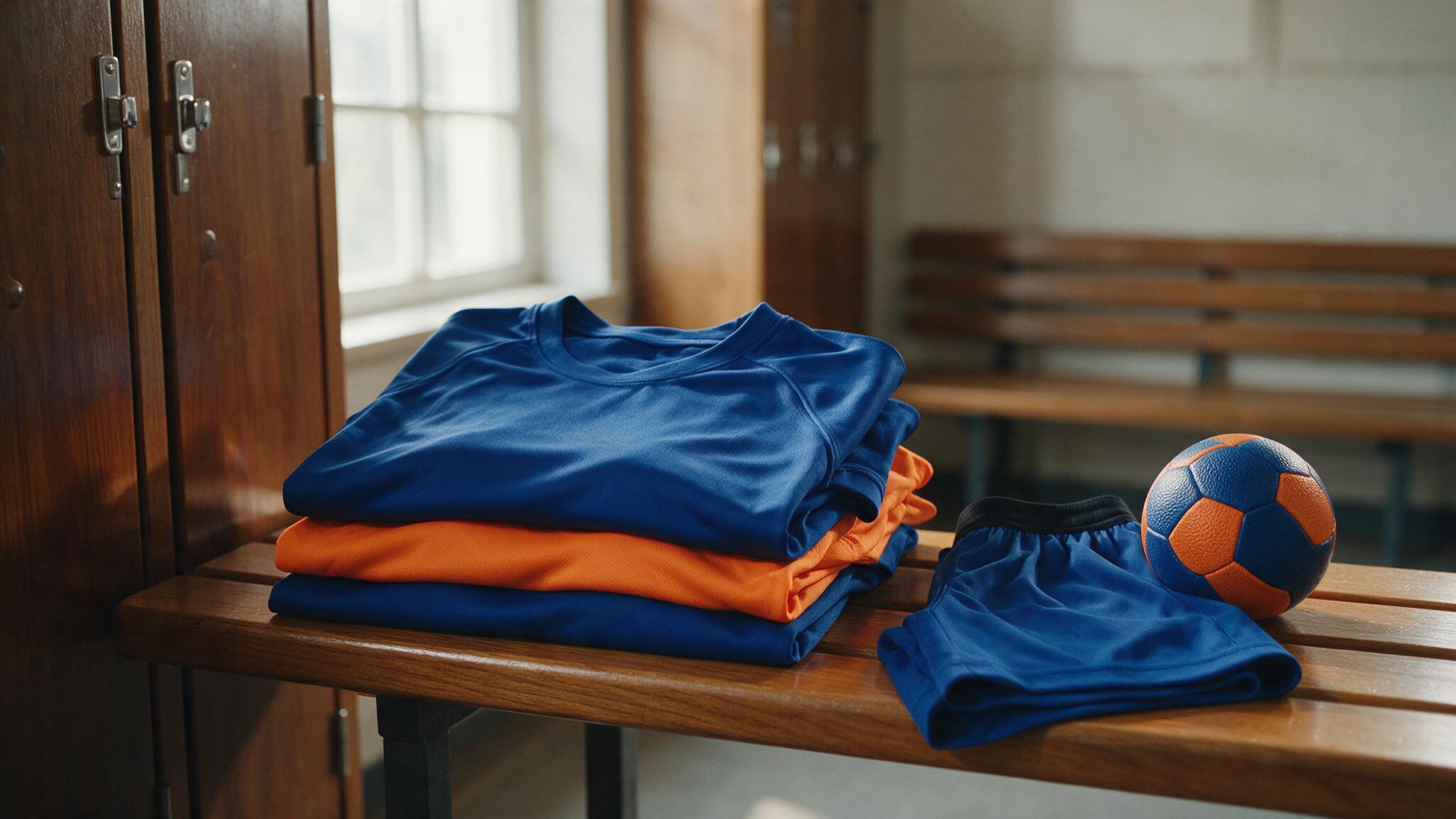 Maillots de handball personnalisés pliés dans un vestiaire avant la reprise de septembre