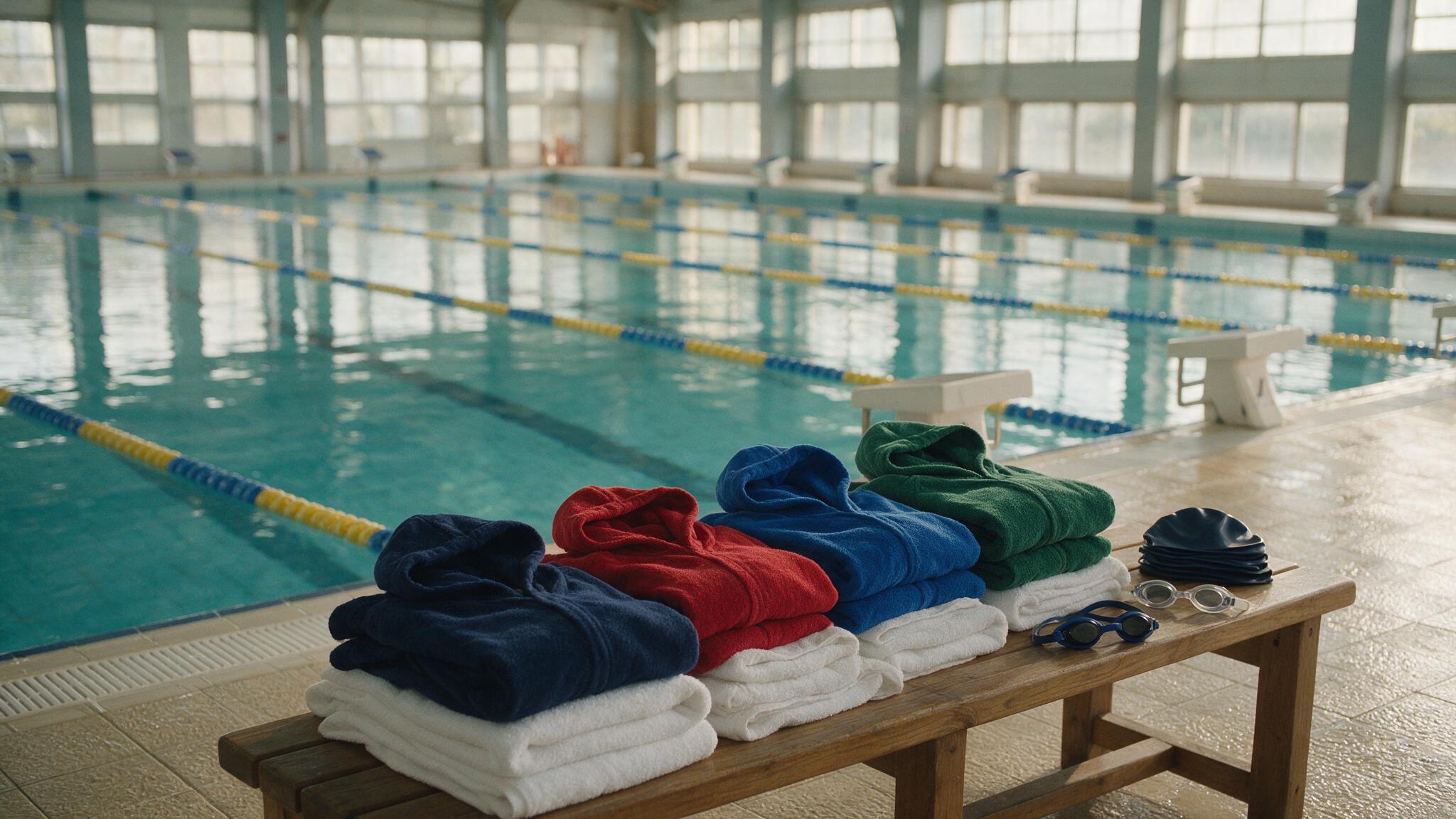 Ponchos et sweats d'un club de natation personnalisés posés au bord du bassin avant la reprise de septembre