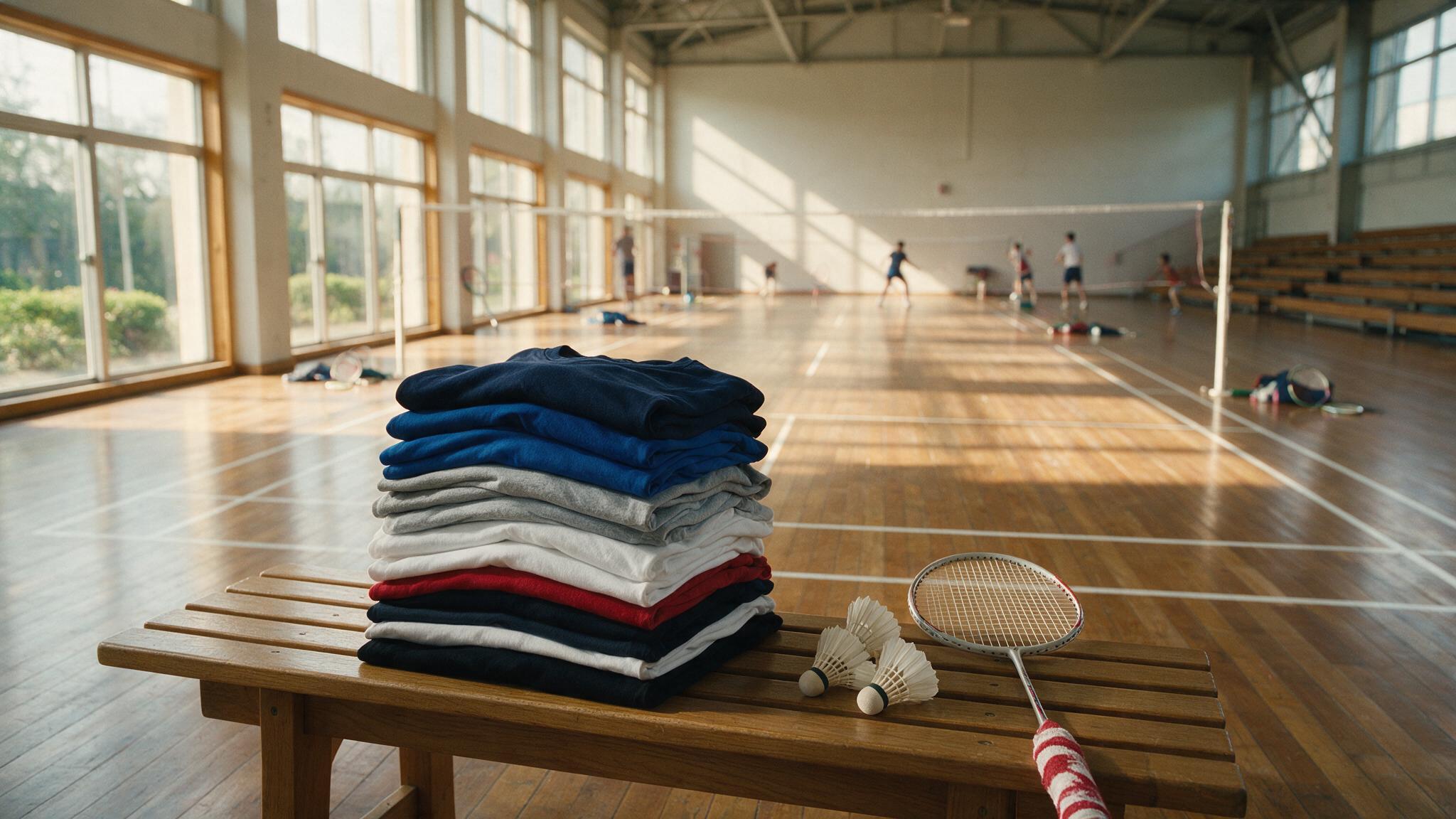 Maillots de badminton pliés et volants sur un banc de gymnase avant la reprise de la saison