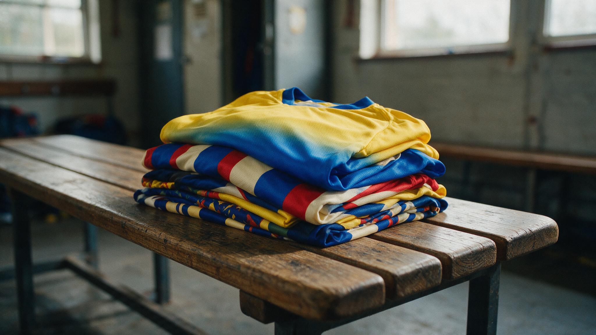 Maillots de football aux designs rétro et dégradés pliés sur un banc de vestiaire, illustrant les tendances maillots 2026-2027