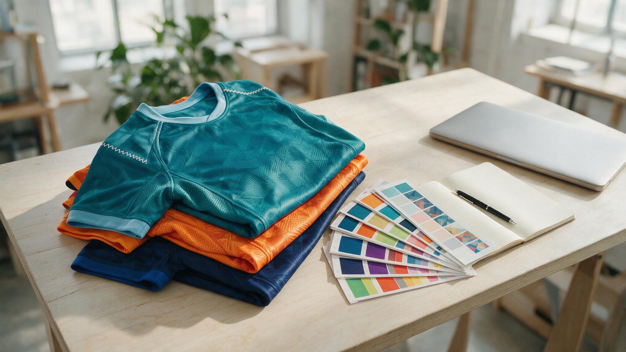 Maillots de sport sublimés pliés et nuancier de couleurs sur un bureau, sélection d'un fournisseur textile sportif par une agence