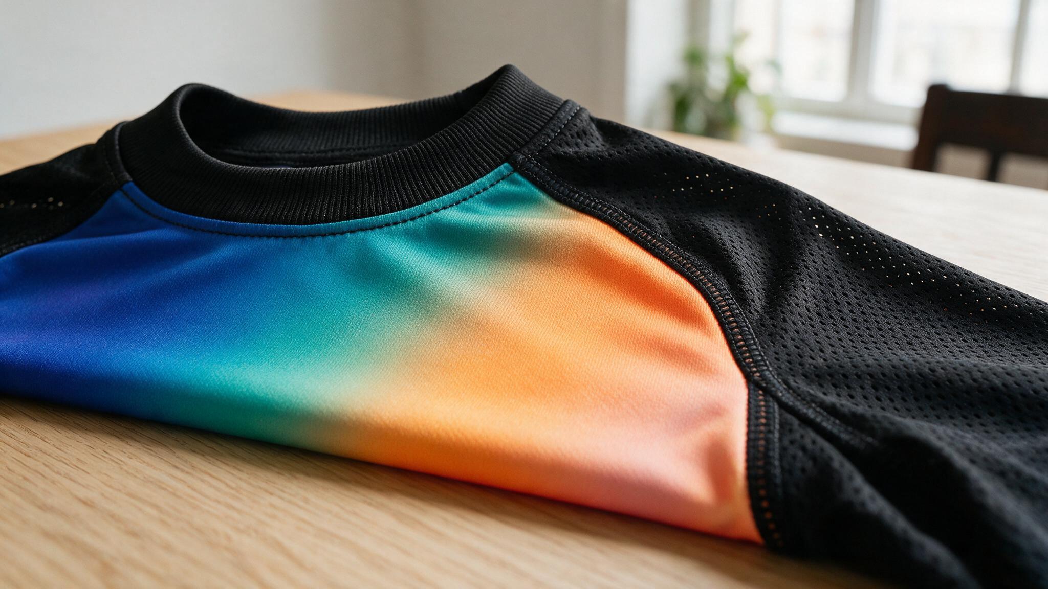 Détails en gros plan d un maillot de sport personnalisé : col, impression sublimée, coutures et maille technique