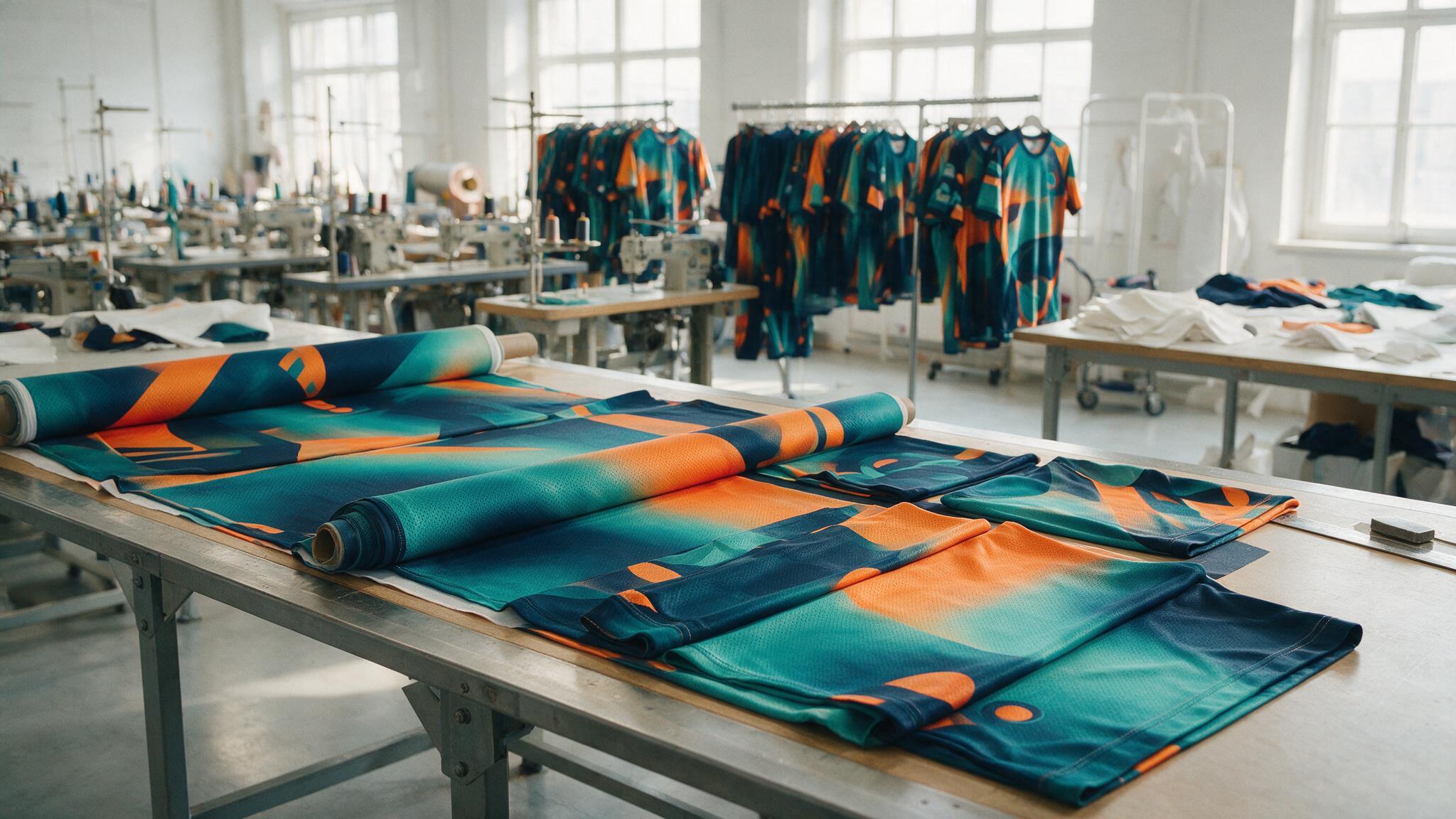 Rouleaux de tissu sportif sublimé dans un atelier de fabrication européenne, sourcing textile sportif