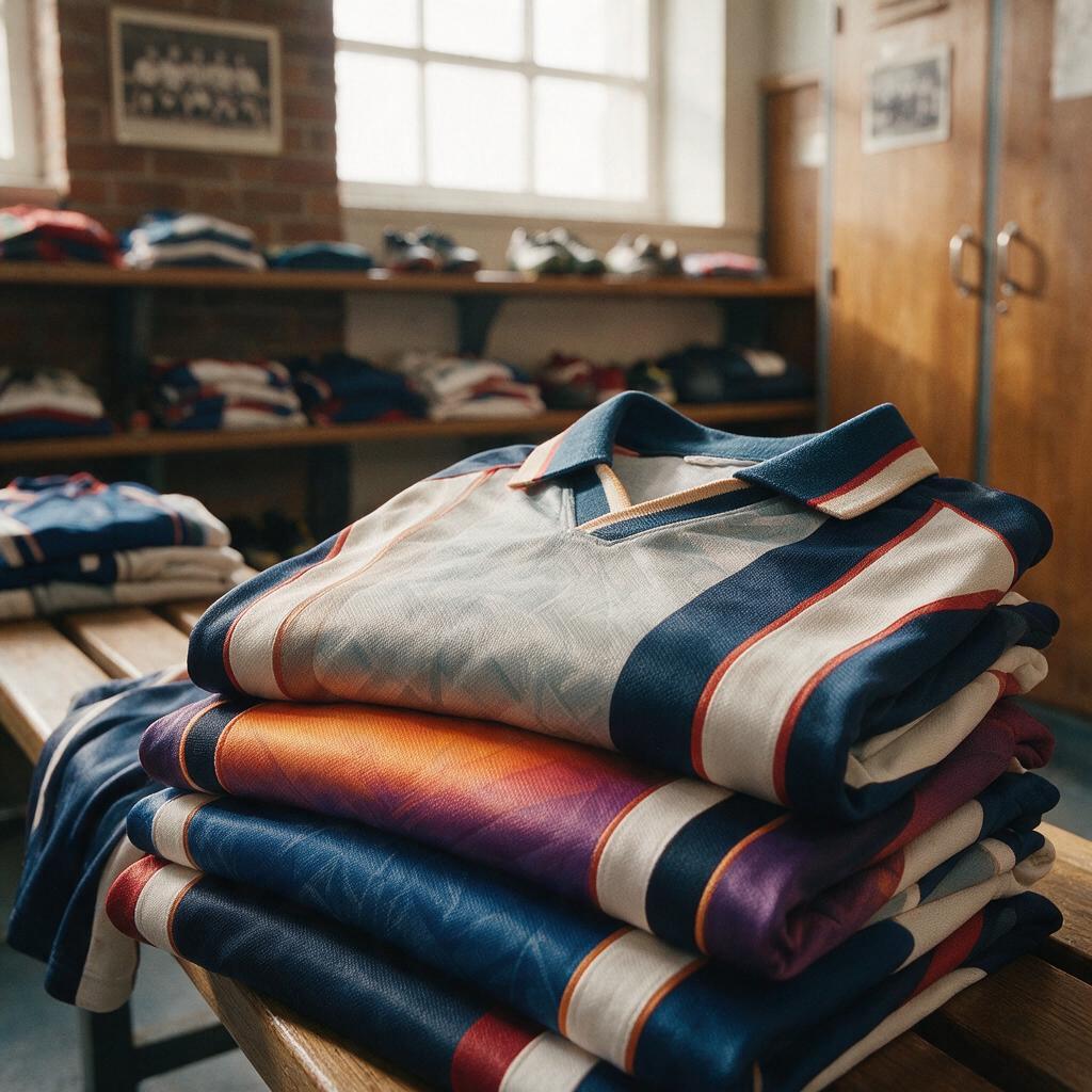 Maillots rétro vintage pliés dans un vestiaire de club, tendance design maillot 2026-2027
