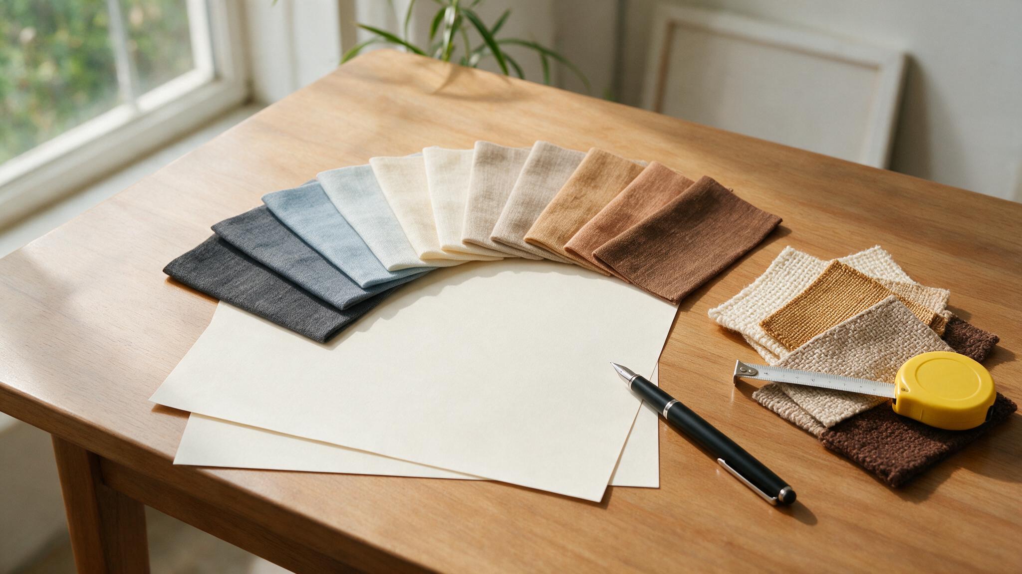 Nuancier de couleurs, échantillons de tissu et mètre ruban sur une table pour préparer un cahier des charges textile