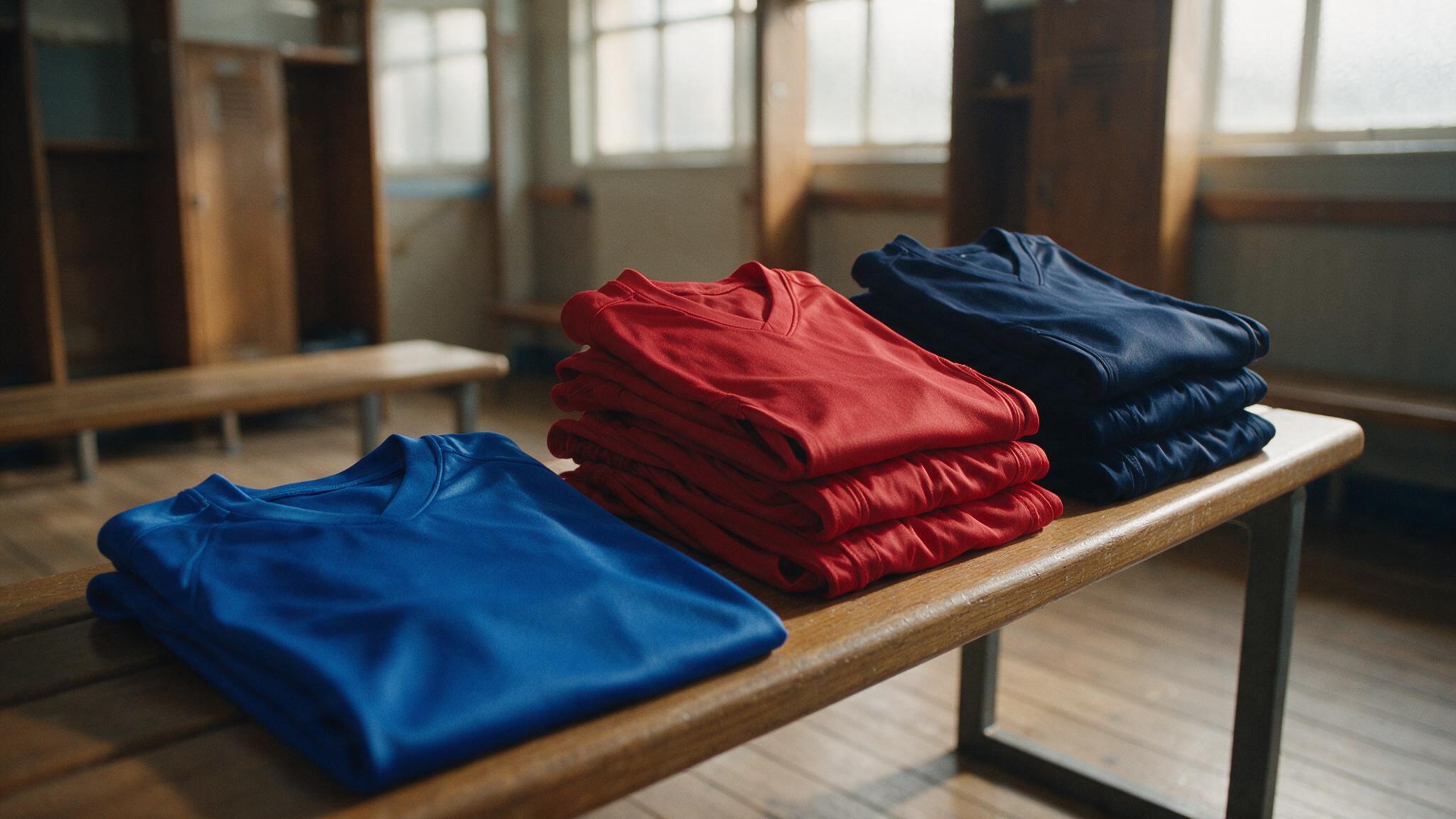 Maillots de club personnalisés pliés dans un vestiaire avant la reprise de la saison sportive