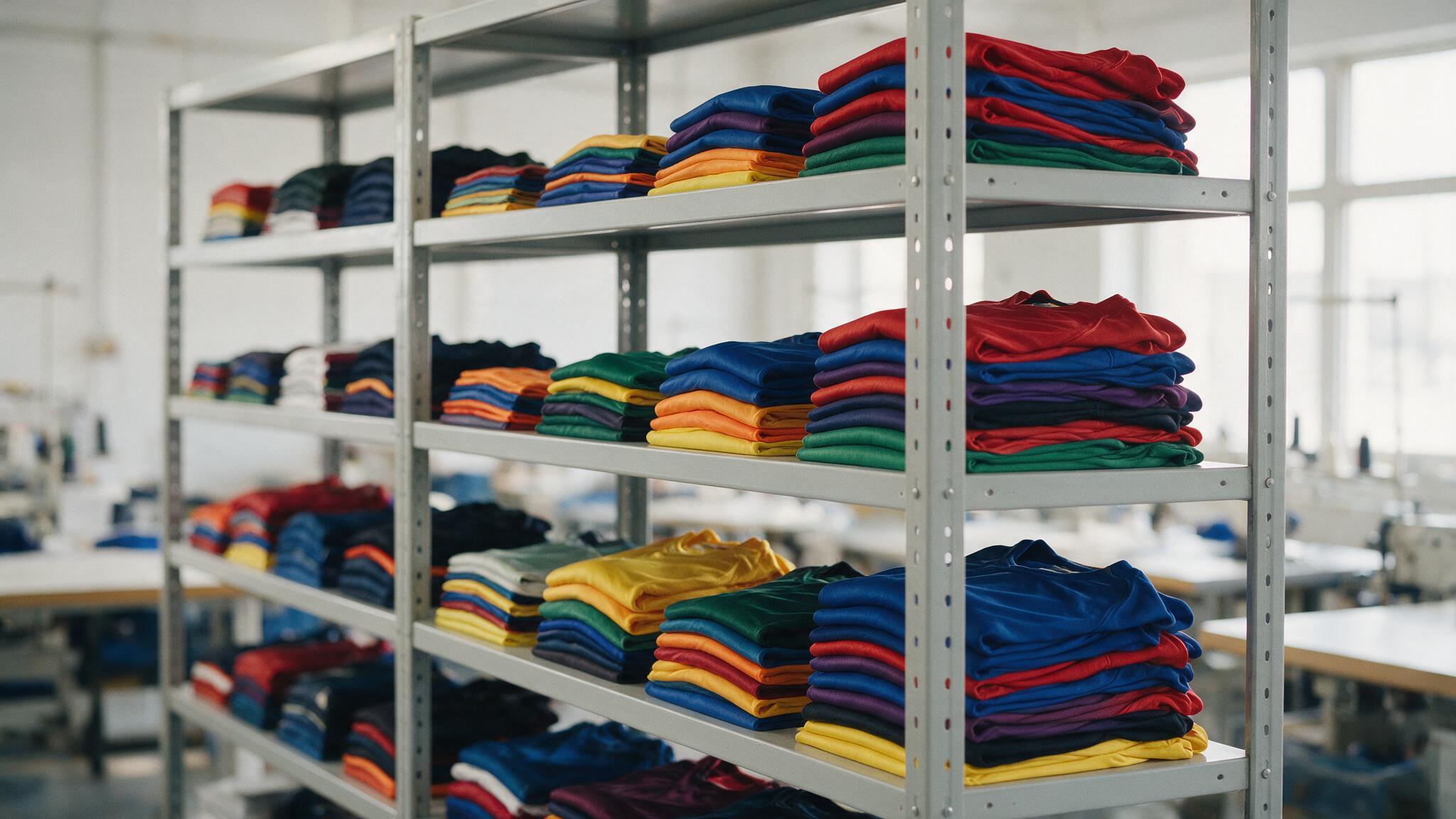 Maillots de sport pliés et triés par taille sur les étagères d'un atelier textile