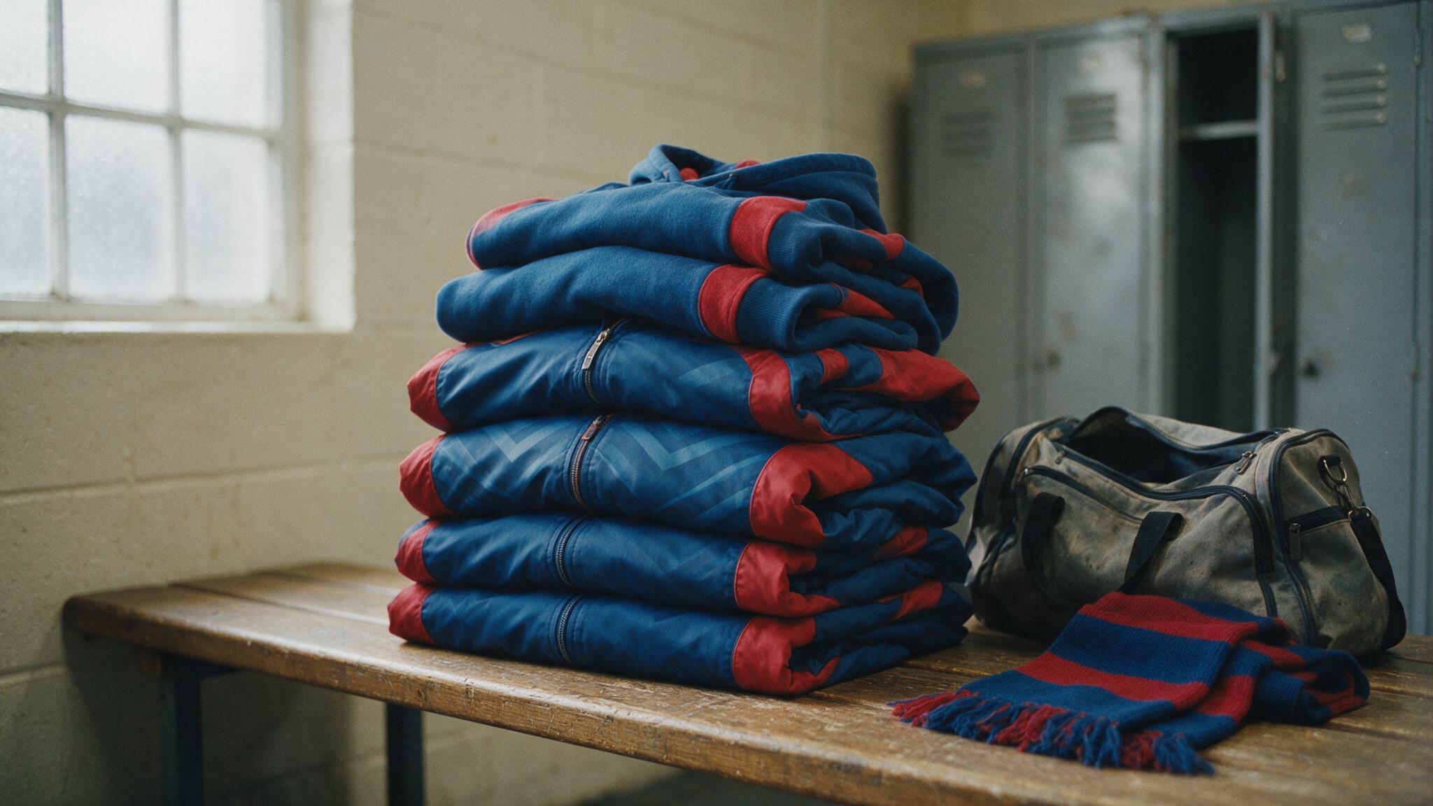 Vestes de survêtement et sweats de club personnalisés aux couleurs de l'équipe, pliés dans un vestiaire avant la reprise 2026-2027