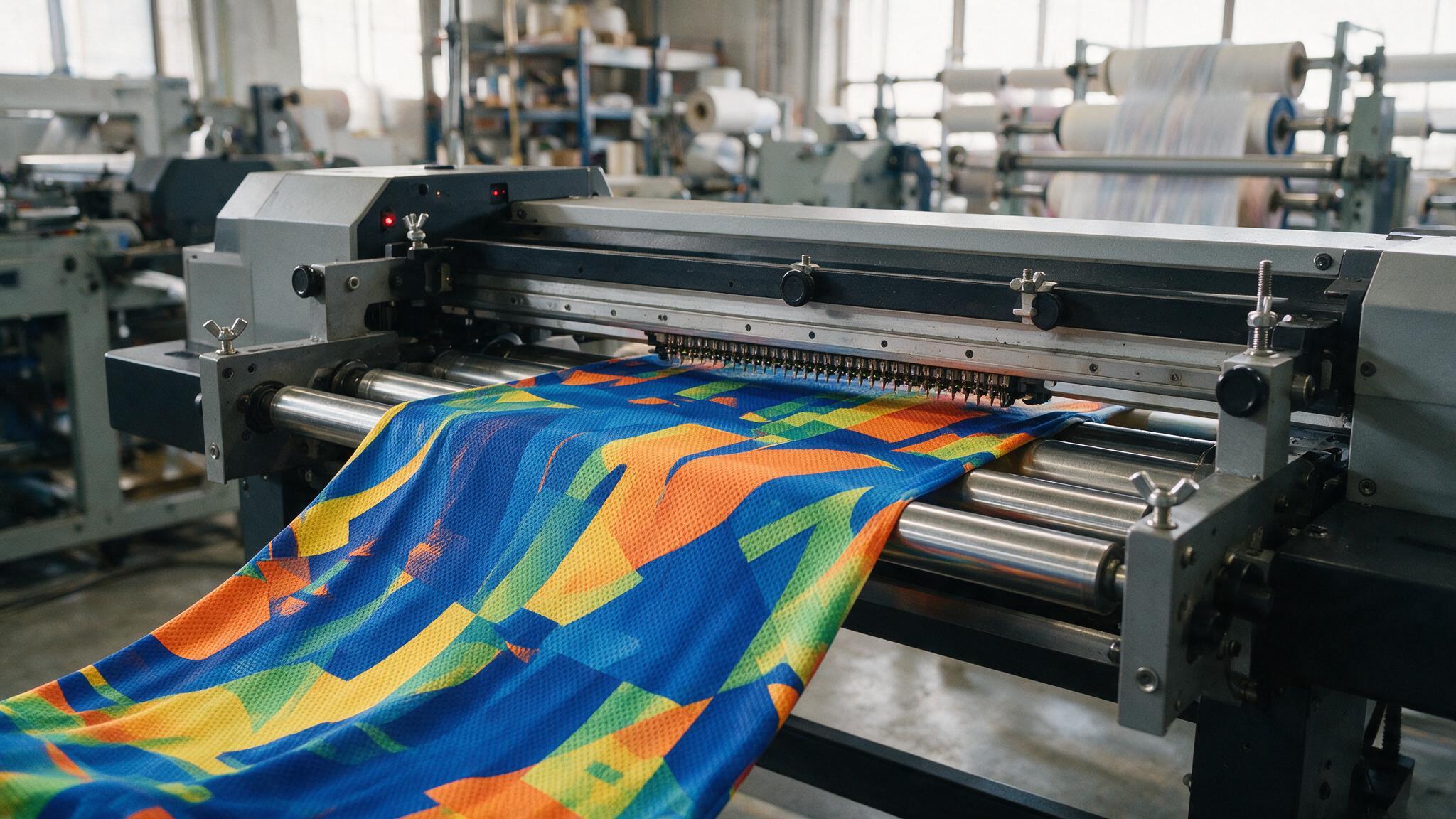 Imprimante de sublimation textile produisant un rouleau de tissu sportif imprimé en grande série