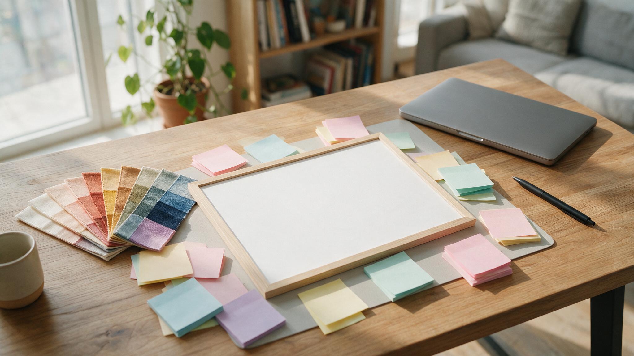 Bureau d'agence avec un planning vierge, des notes de couleur et des échantillons de tissu pour organiser un projet textile
