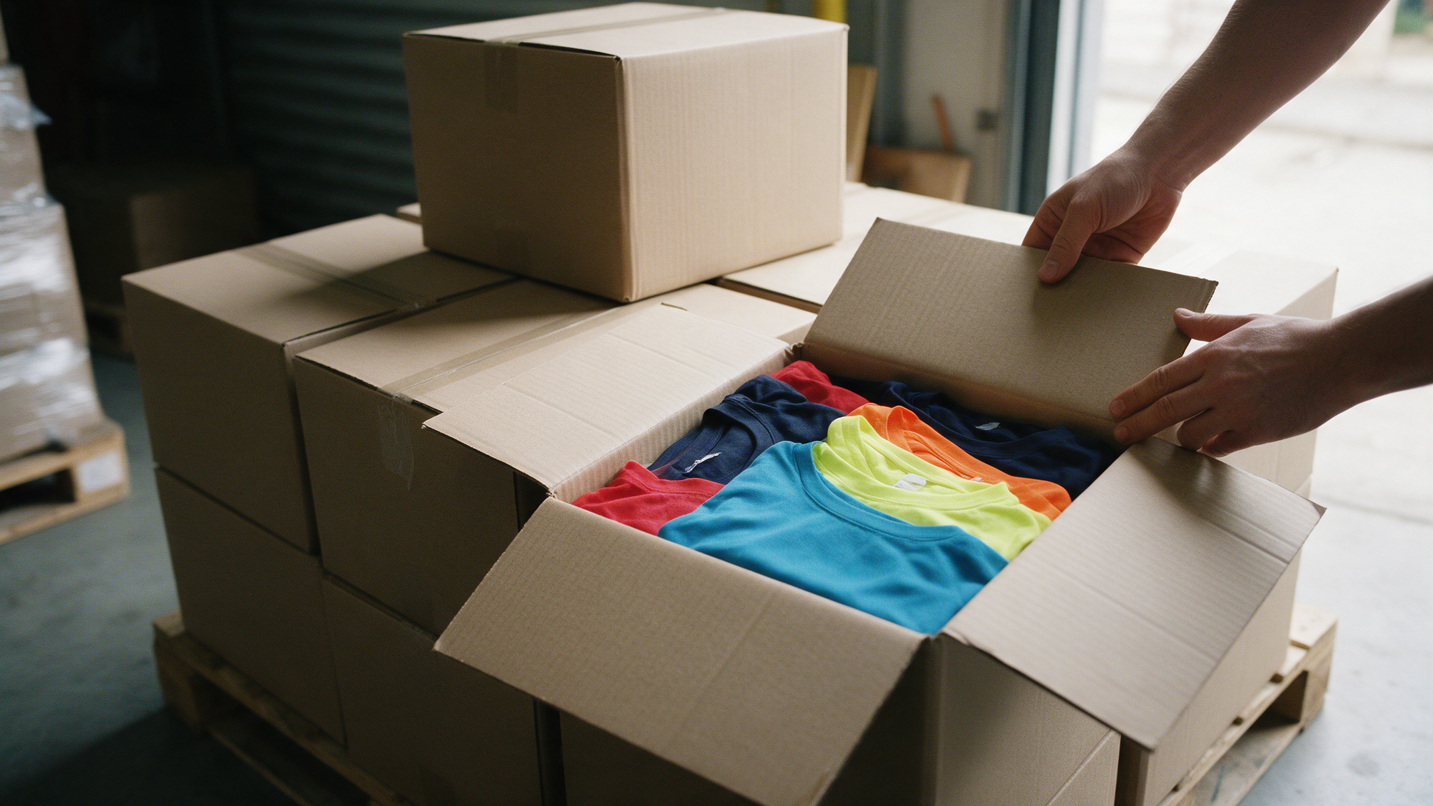 Cartons d'une grosse commande de t-shirts de sport personnalisés sur une palette, préparés pour une livraison échelonnée par vagues