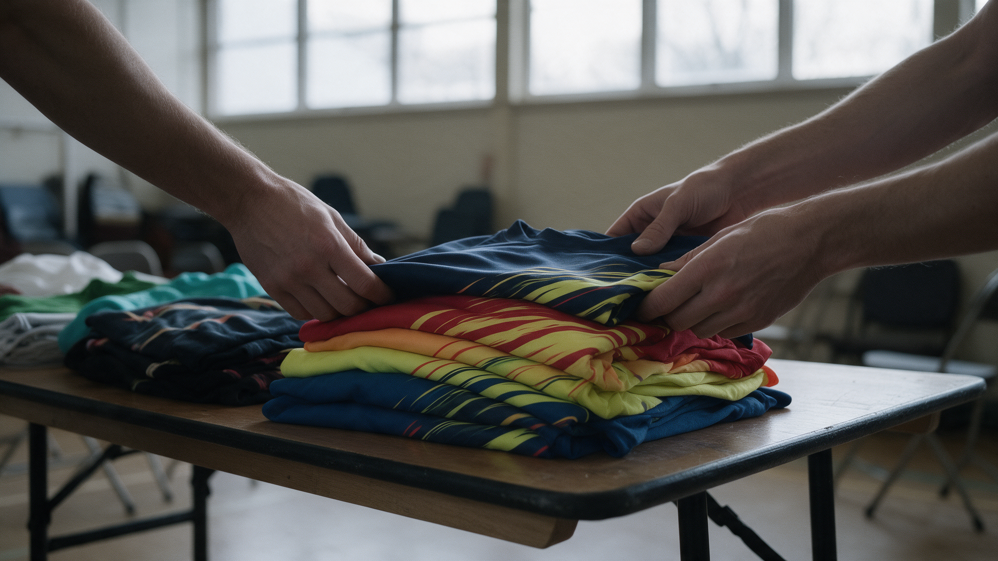 T-shirts de sport personnalisés pliés sur une table, distribués par des bénévoles avant un événement Téléthon