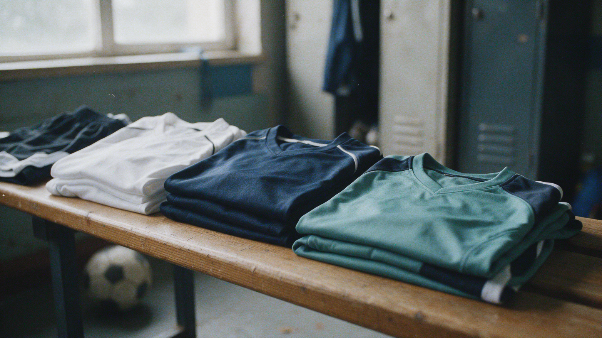 Trois maillots de football pliés côte à côte sur un banc de vestiaire de club amateur : domicile, extérieur et troisième maillot