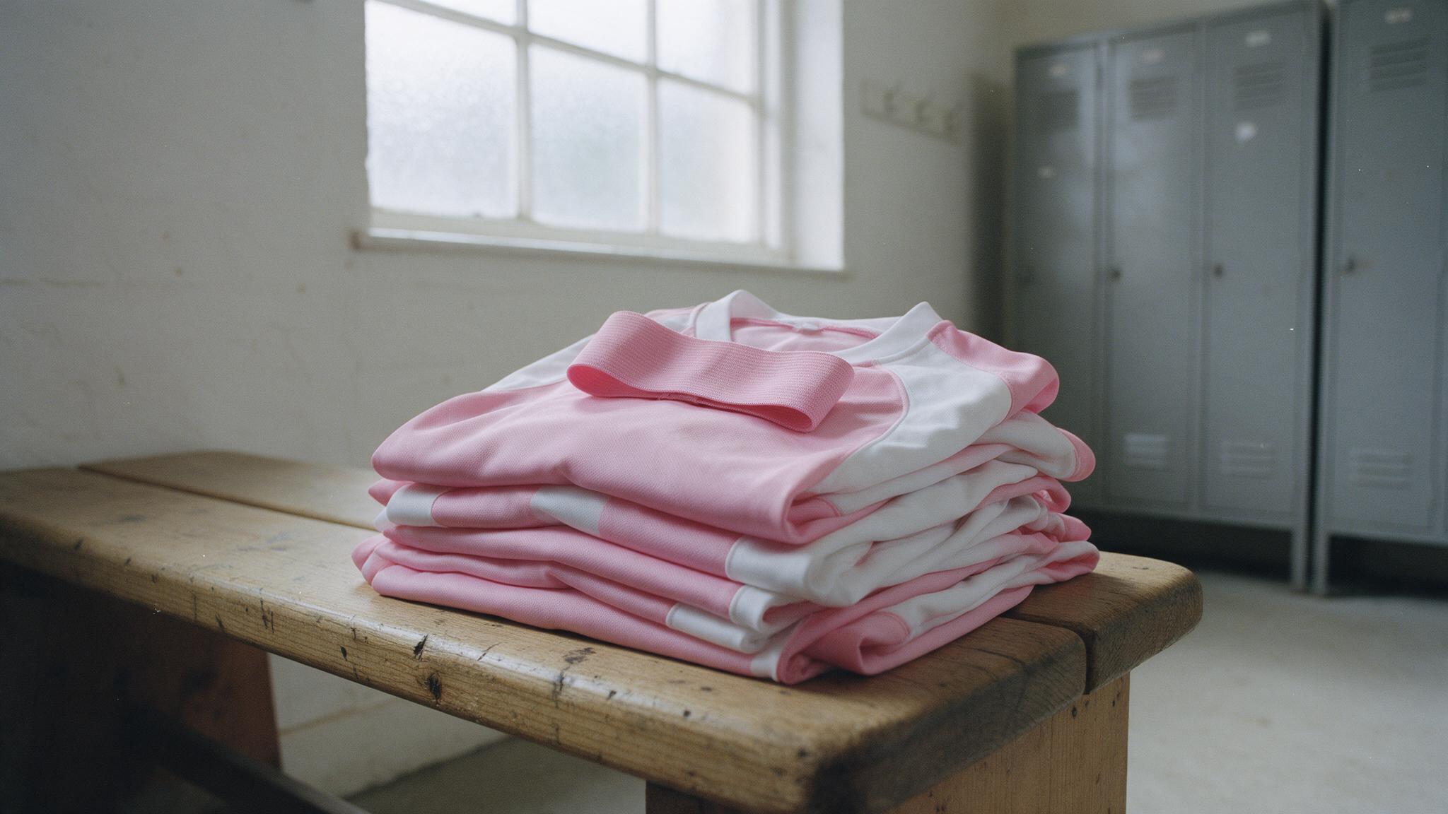 Maillots roses et blancs personnalisés pliés avec un brassard rose dans un vestiaire de club pour Octobre Rose