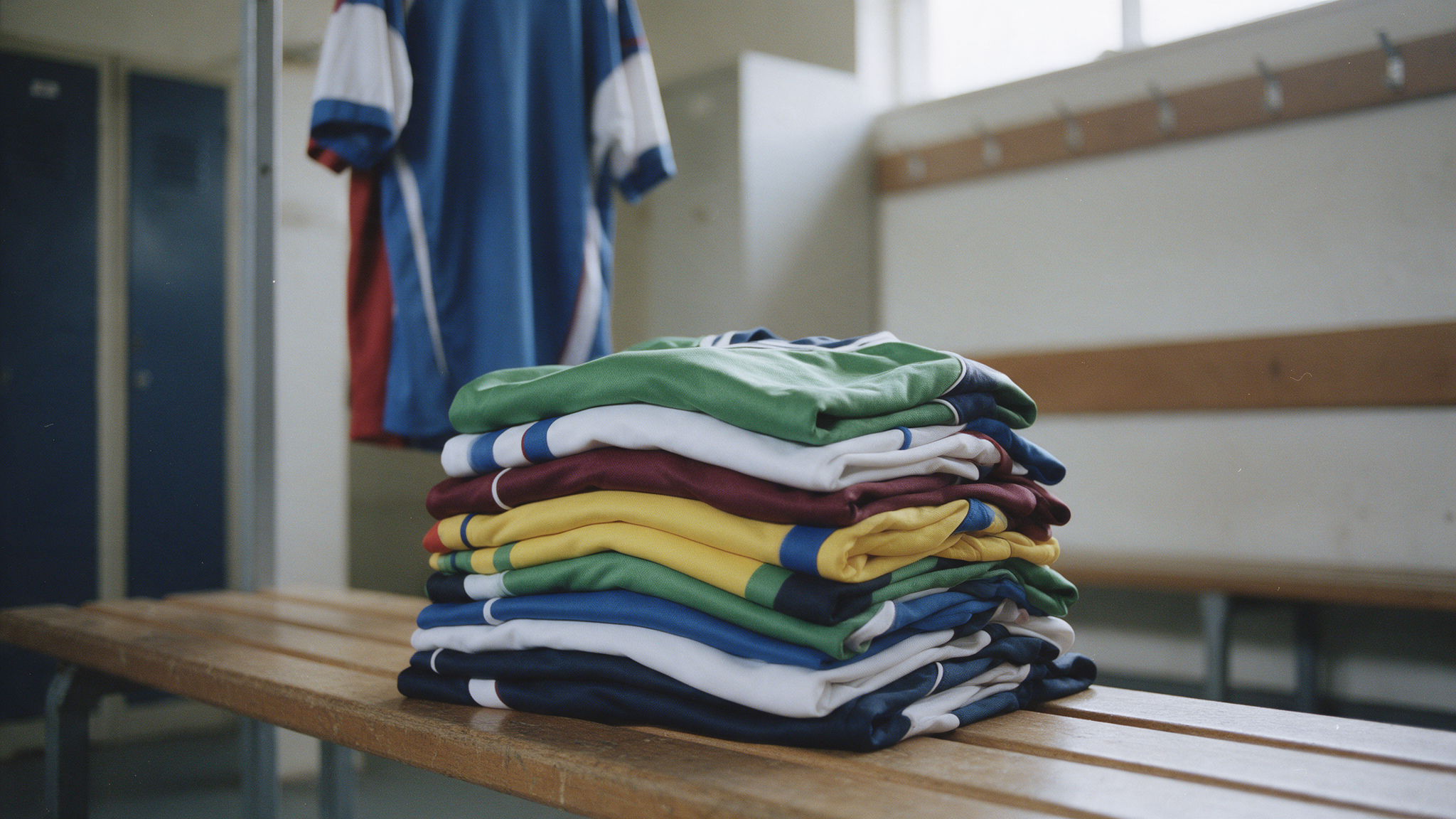 Jeu de maillots de club personnalisés pliés sur un banc de vestiaire avant la reprise 2026-2027